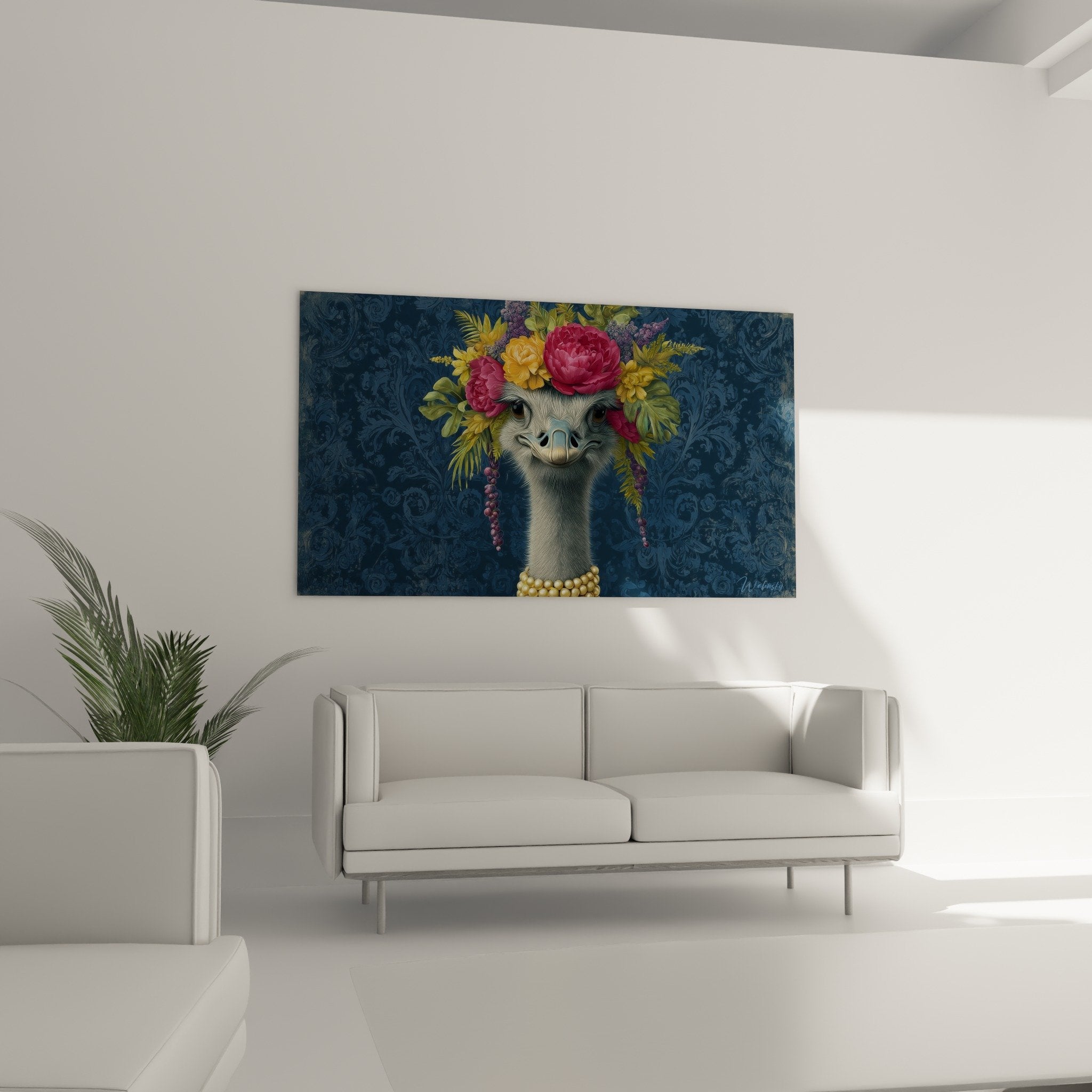 Detail couronne florale autruche roses fuchsia pivoines jaunes grappes violettes art animalier fantaisie