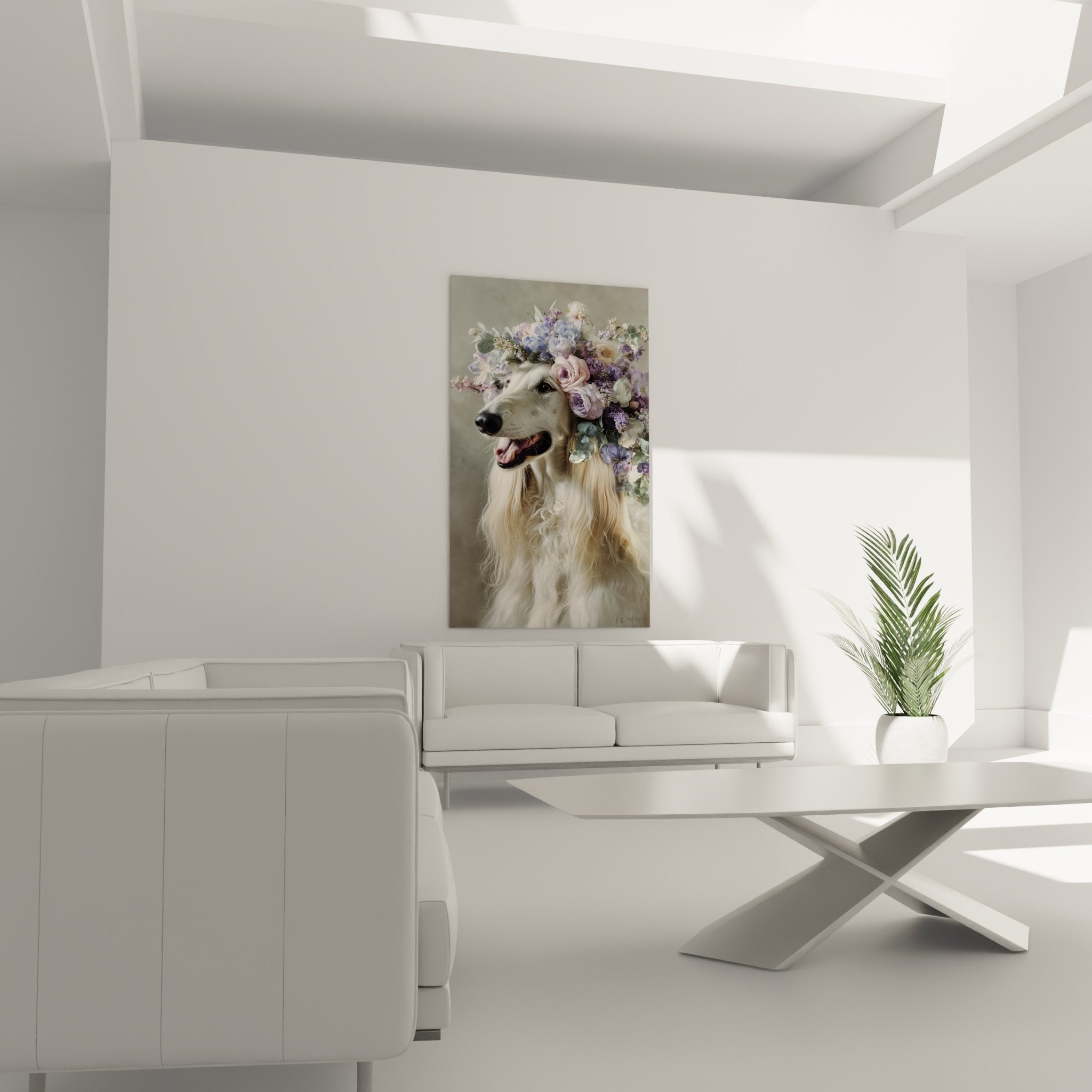 Détail couronne florale violette et lilas ornant la tête du lévrier afghan - portrait artistique raffiné