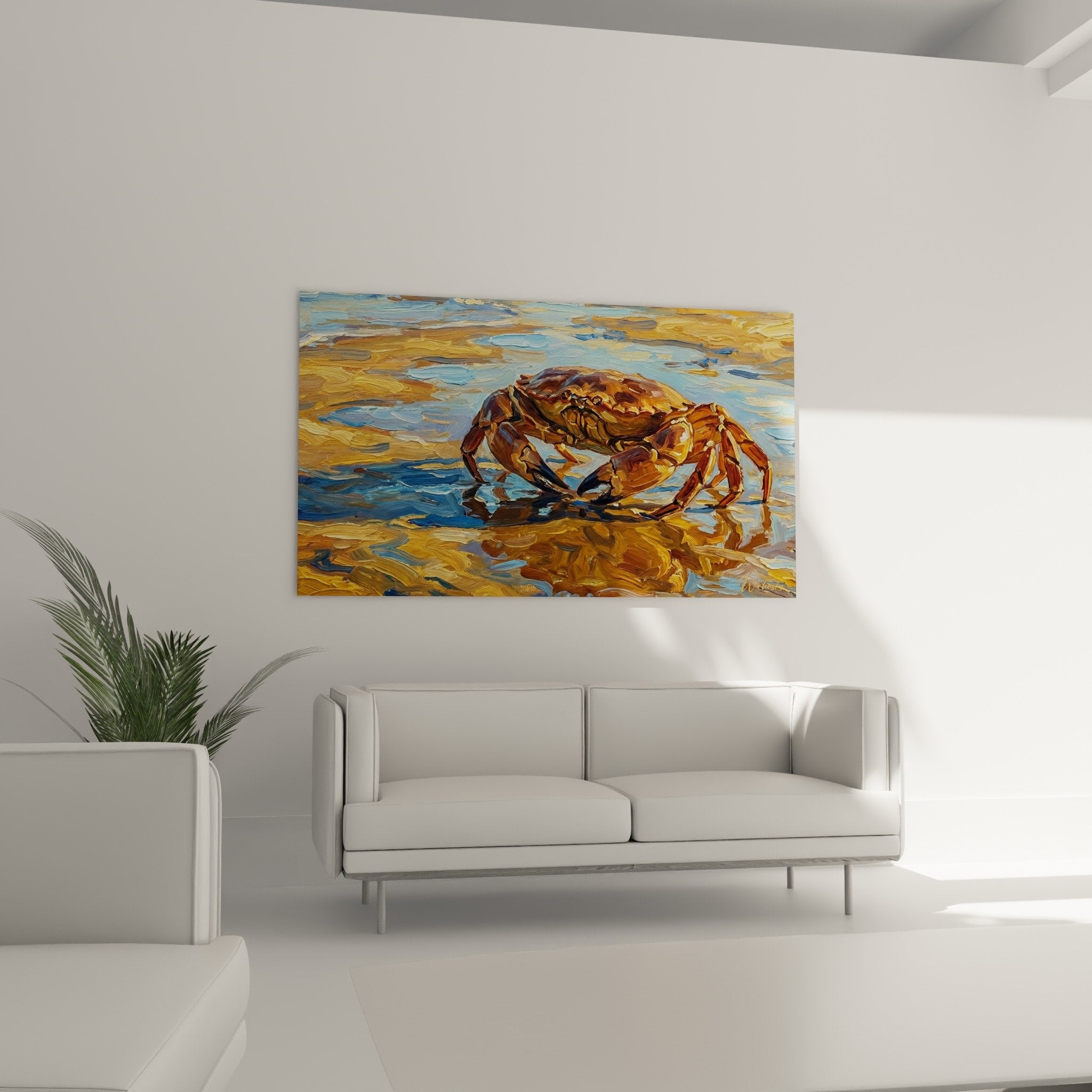 Krabbe-Gemälde-Detail goldene Panzer sichtbare Pinselstriche künstlerische Textur Ocker-Bronze-Töne