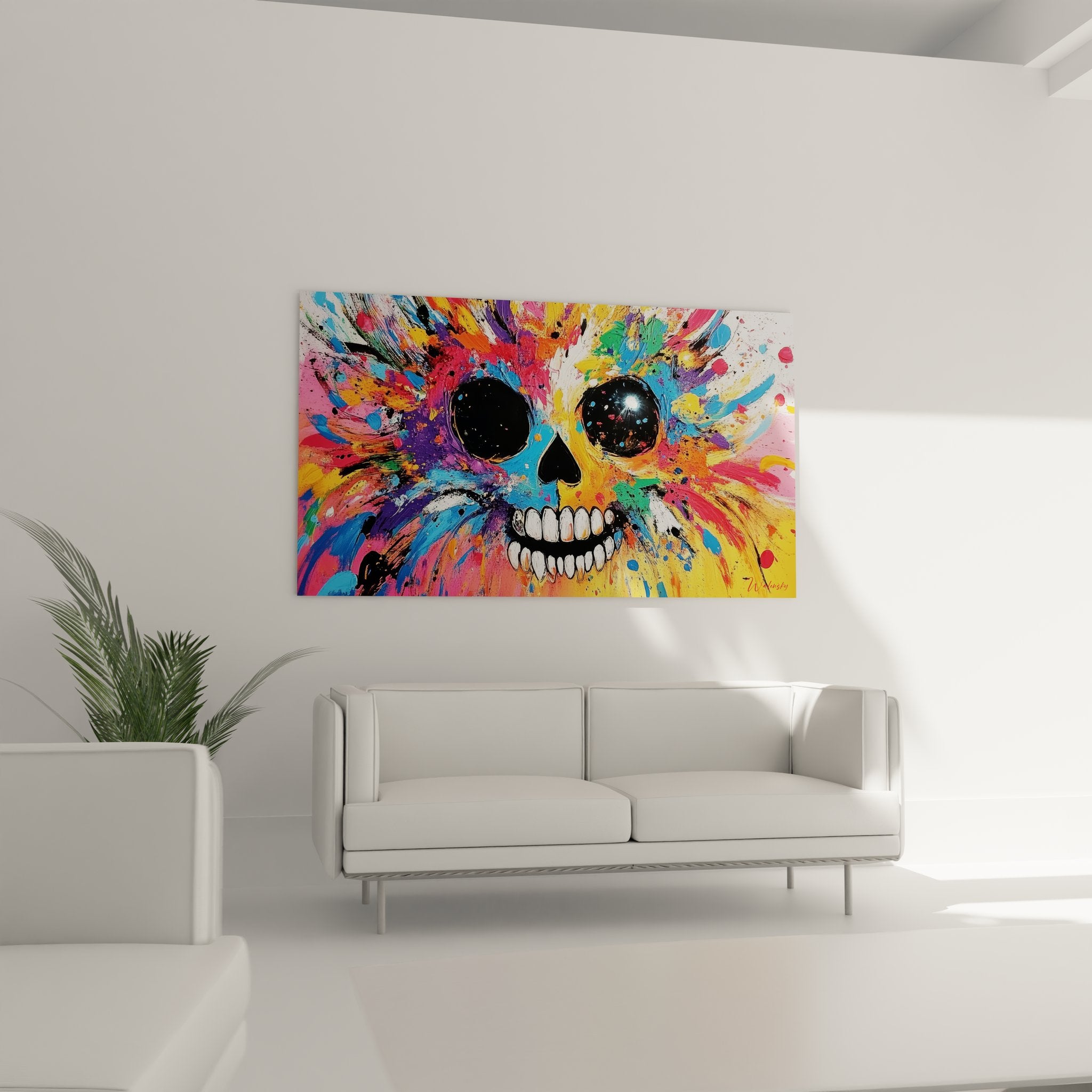 Gros plan détail tableau crâne multicolore avec projections peinture explosive