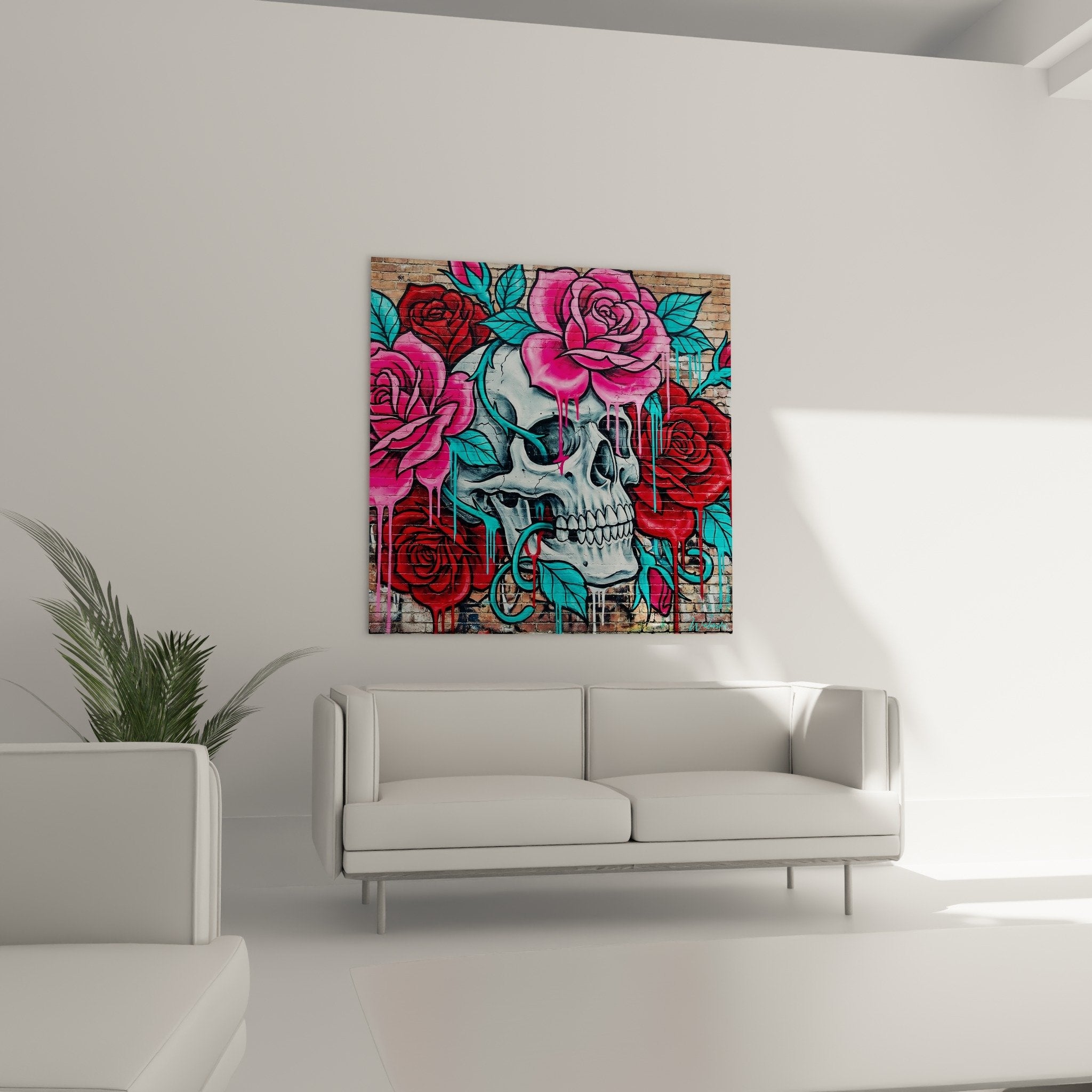 Detail crane blanc roses fuchsia coulees peinture turquoise street art texture brique graffiti