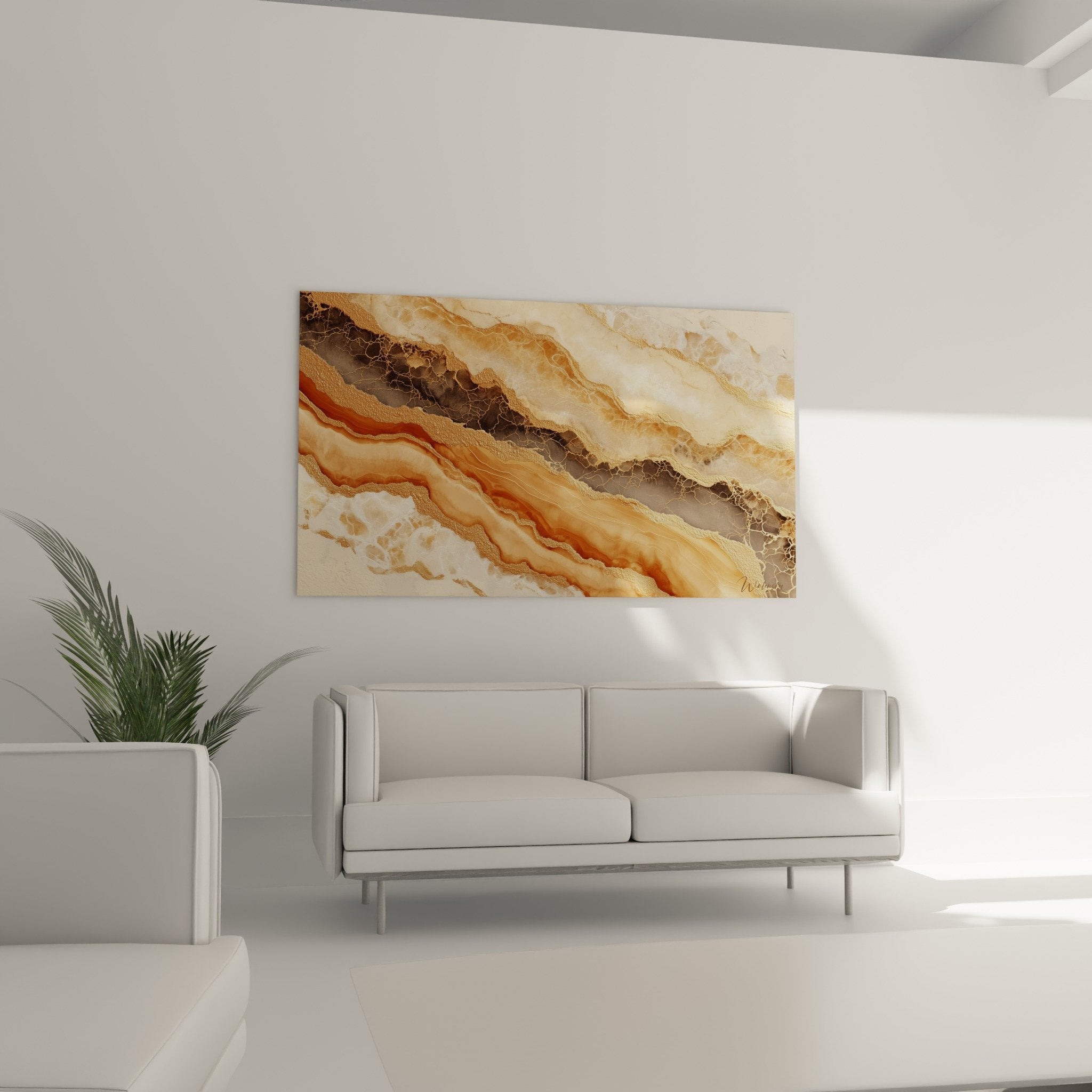 Détail rapproché des craquelures dorées et textures marbrées terre de sienne du tableau