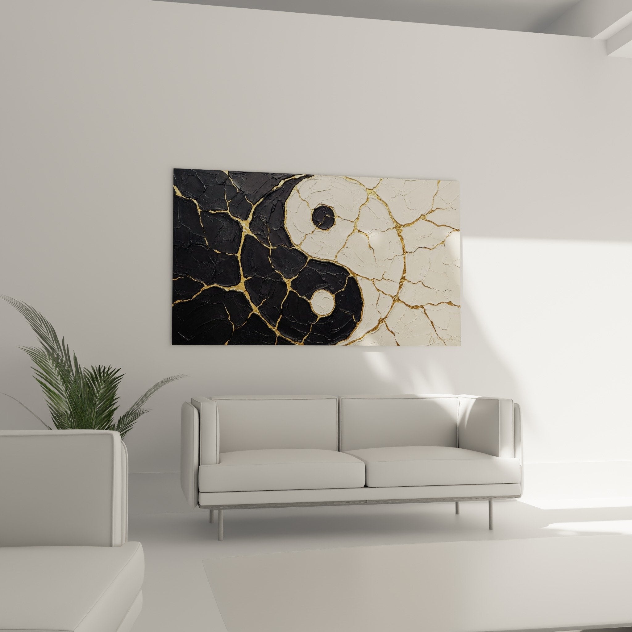 detail craquelures dorees tableau yin yang texture relief noir blanc kintsugi moderne