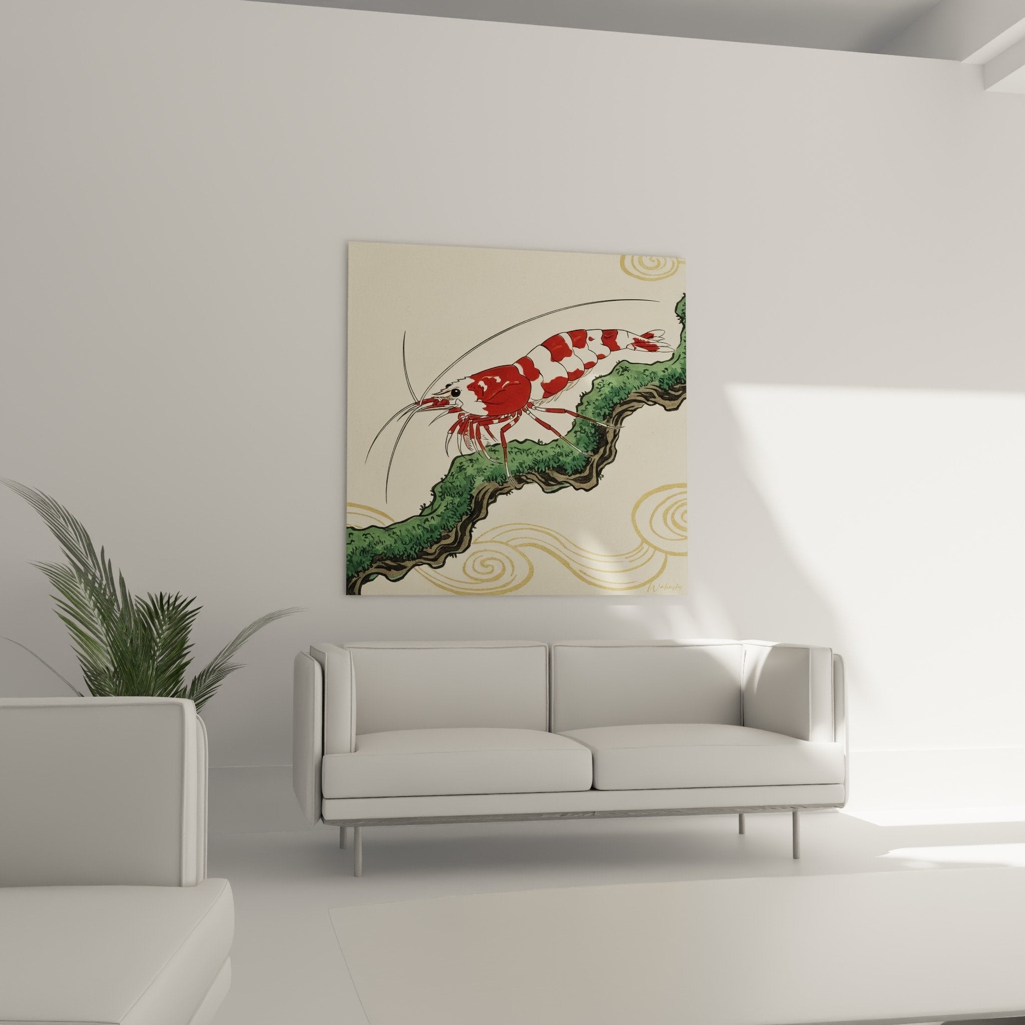 Detail Garnele rote weisse Streifen lange Antennen gruene Algen japanisches Gemaelde Shrimp Edition