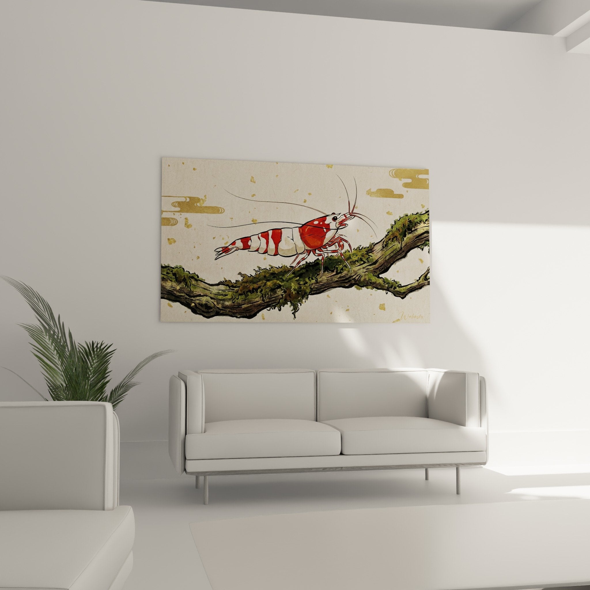 Détail crevette rouge antennes fines branche mousse verte texture organique style estampe japonaise