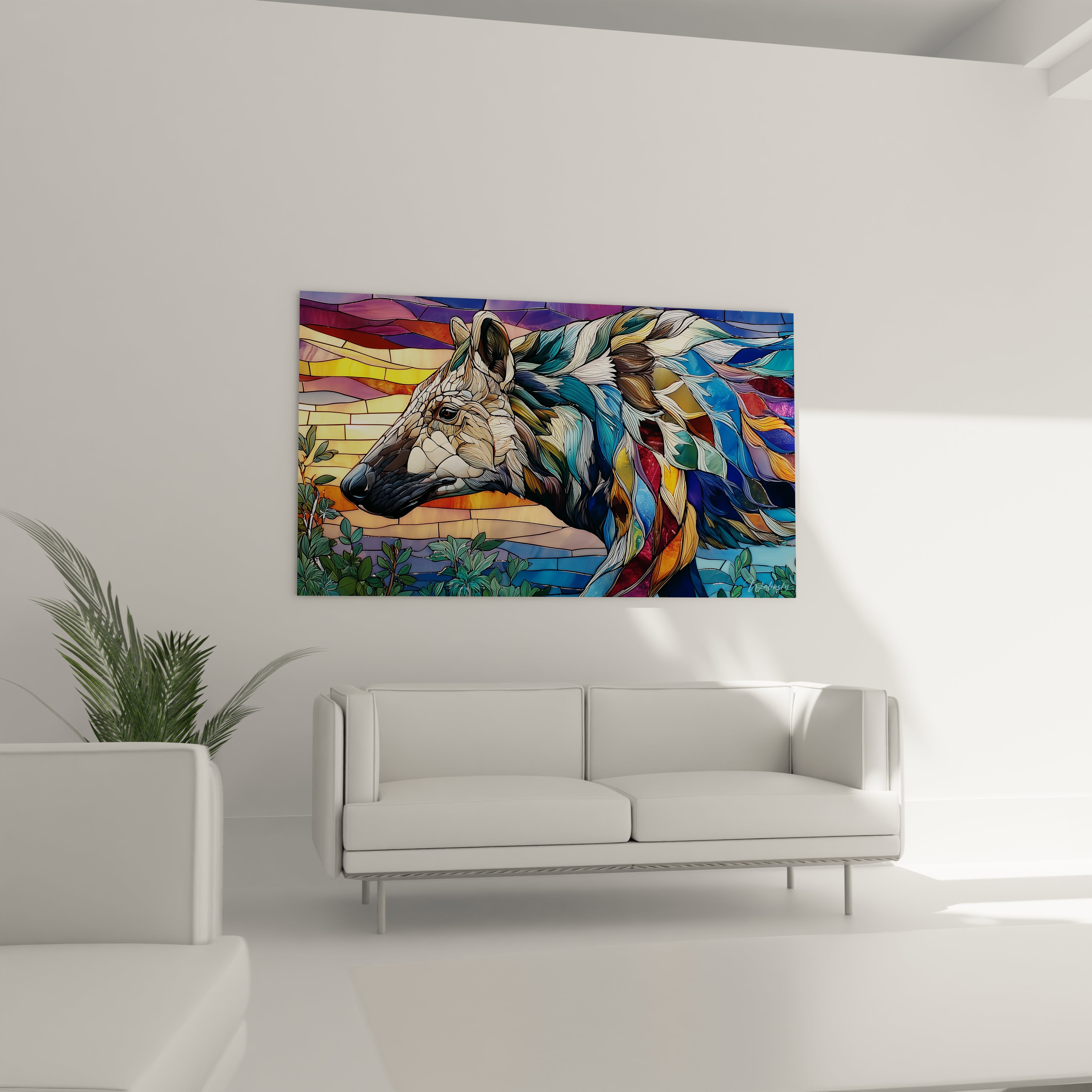 Gros plan détaillé crinière Andrewsarchus mosaïque multicolore technique vitrail artistique