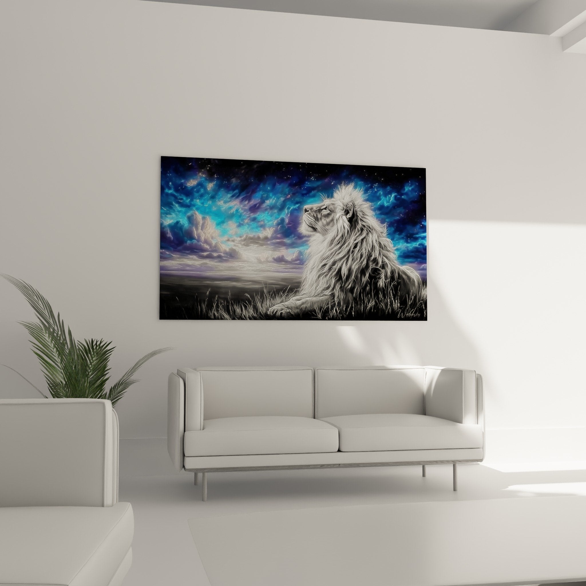 Detail criniere argentee lion regardant vers ciel cosmique bleu electrique avec etoiles scintillantes