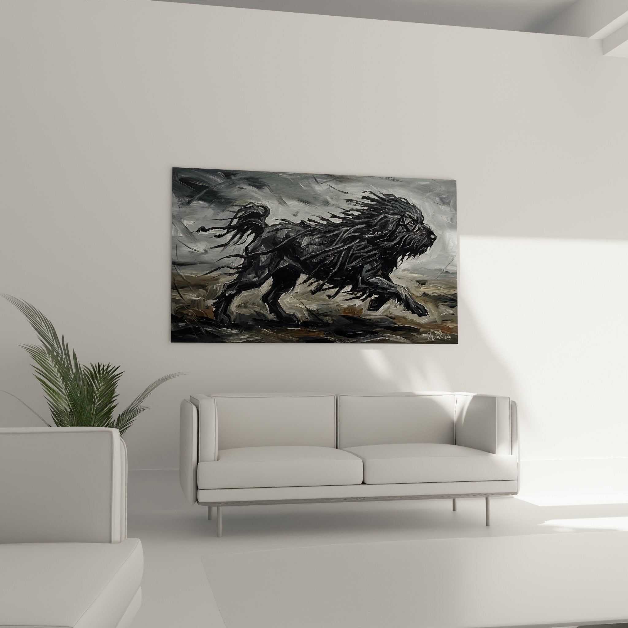 Detail criniere lion noir traits expressionnistes pinceau dynamique texture rugueuse contraste dramatique puli