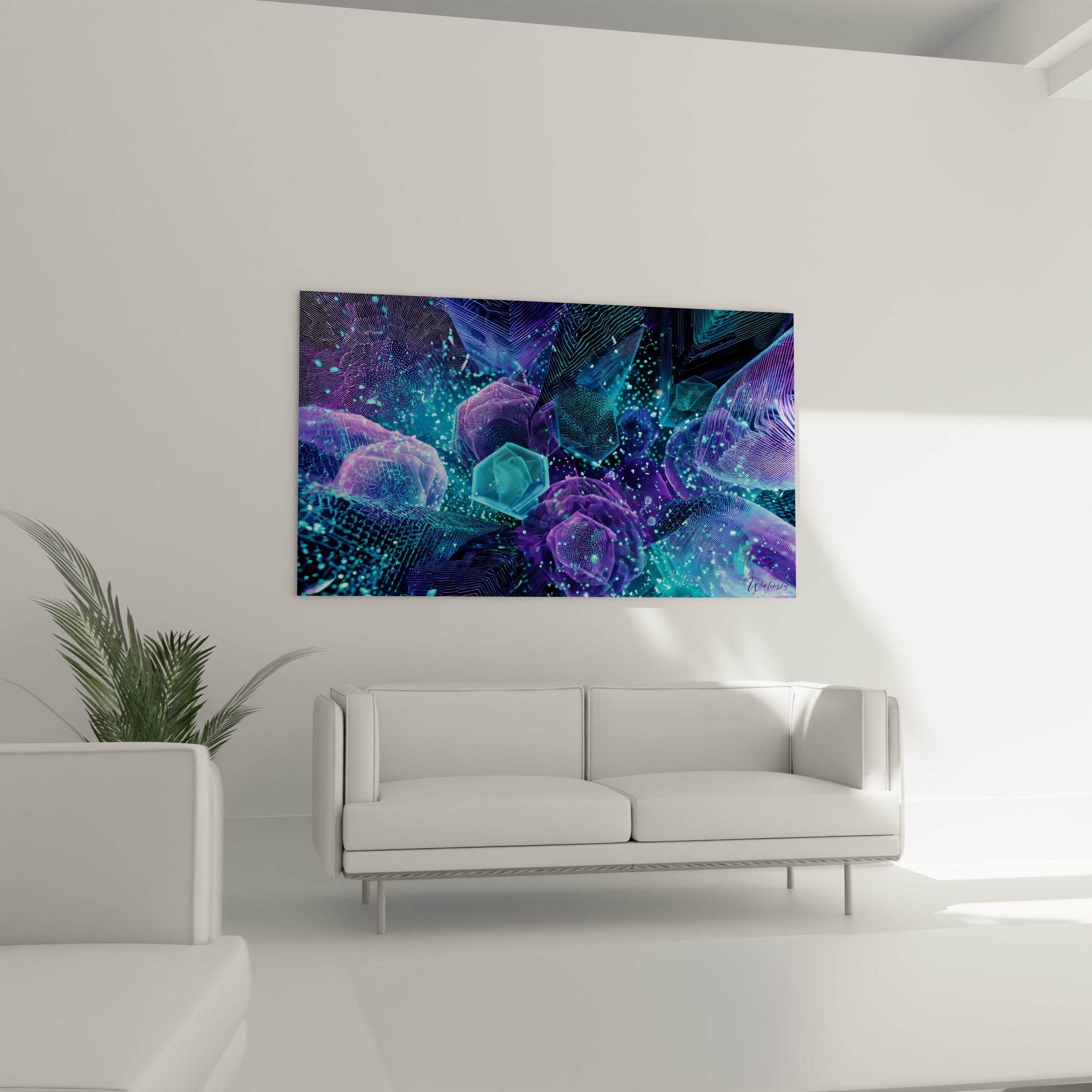 Détail gros plan cristaux abstraits violets avec particules lumineuses digitales