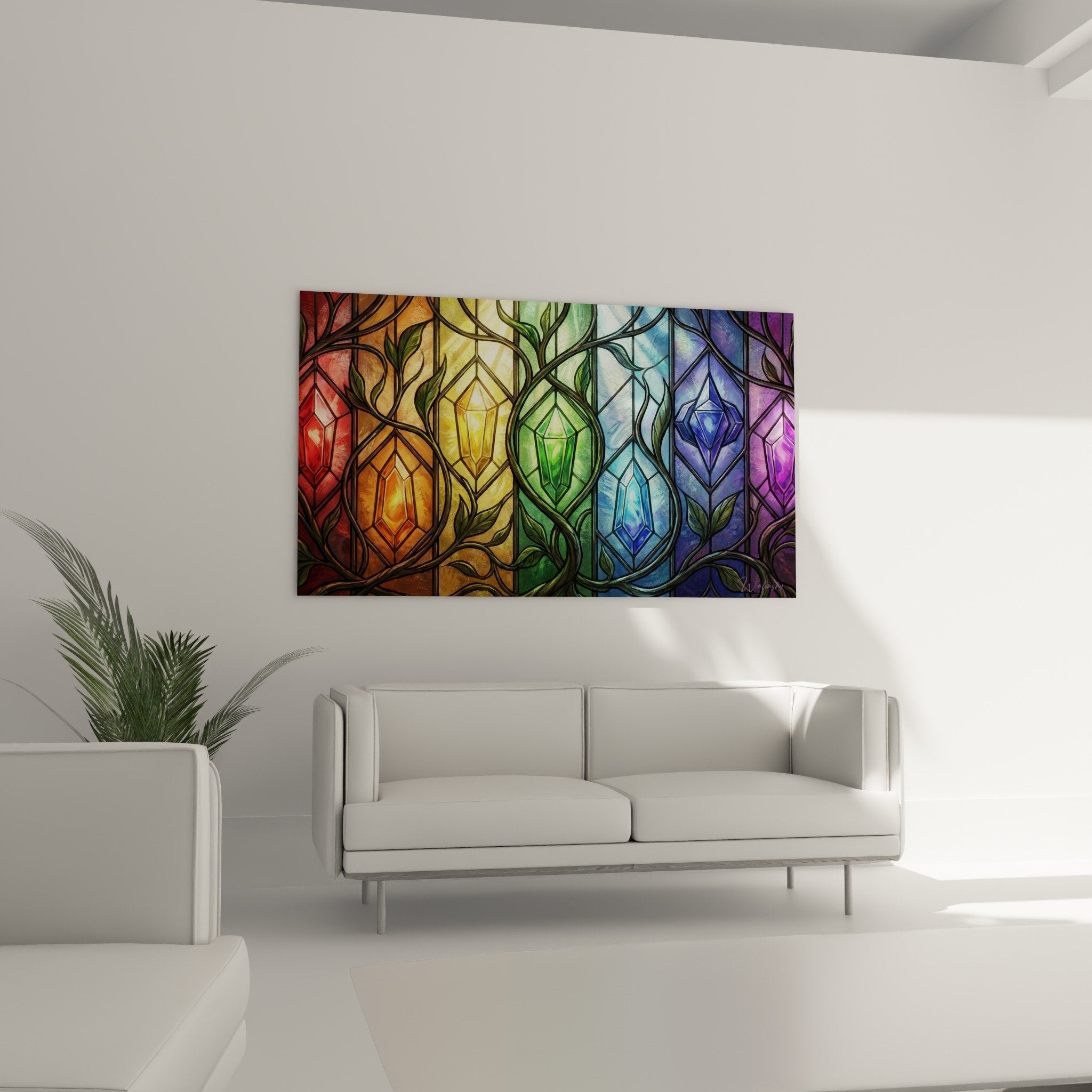 Detaillierte farbige Kristallmuster Chakra-Wandbild mit leuchtenden roten, orangefarbenen, gelben, grünen, blauen und violetten Farbverläufen