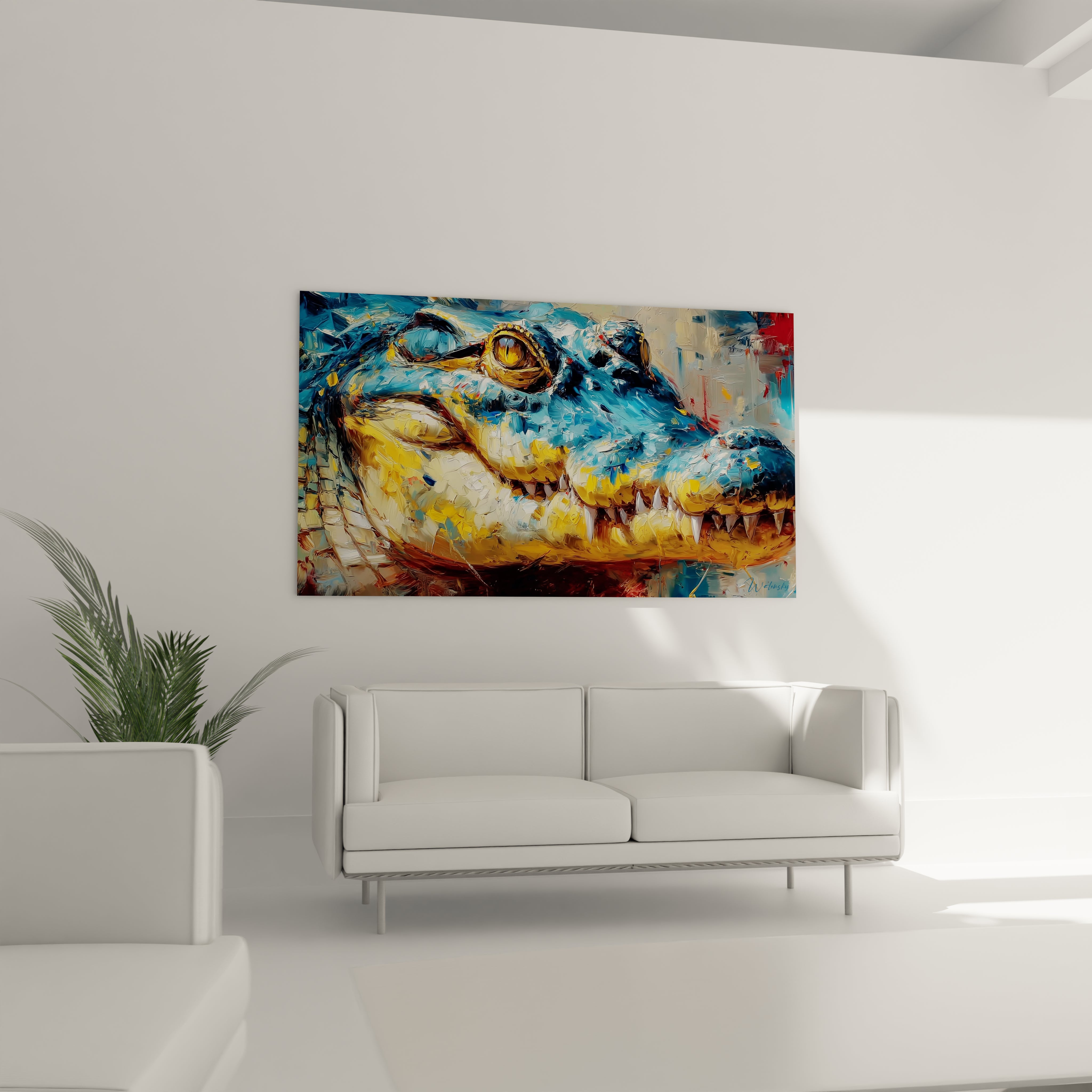 Détail gros plan tableau crocodile expressionniste, œil doré et écailles bleues, art moderne