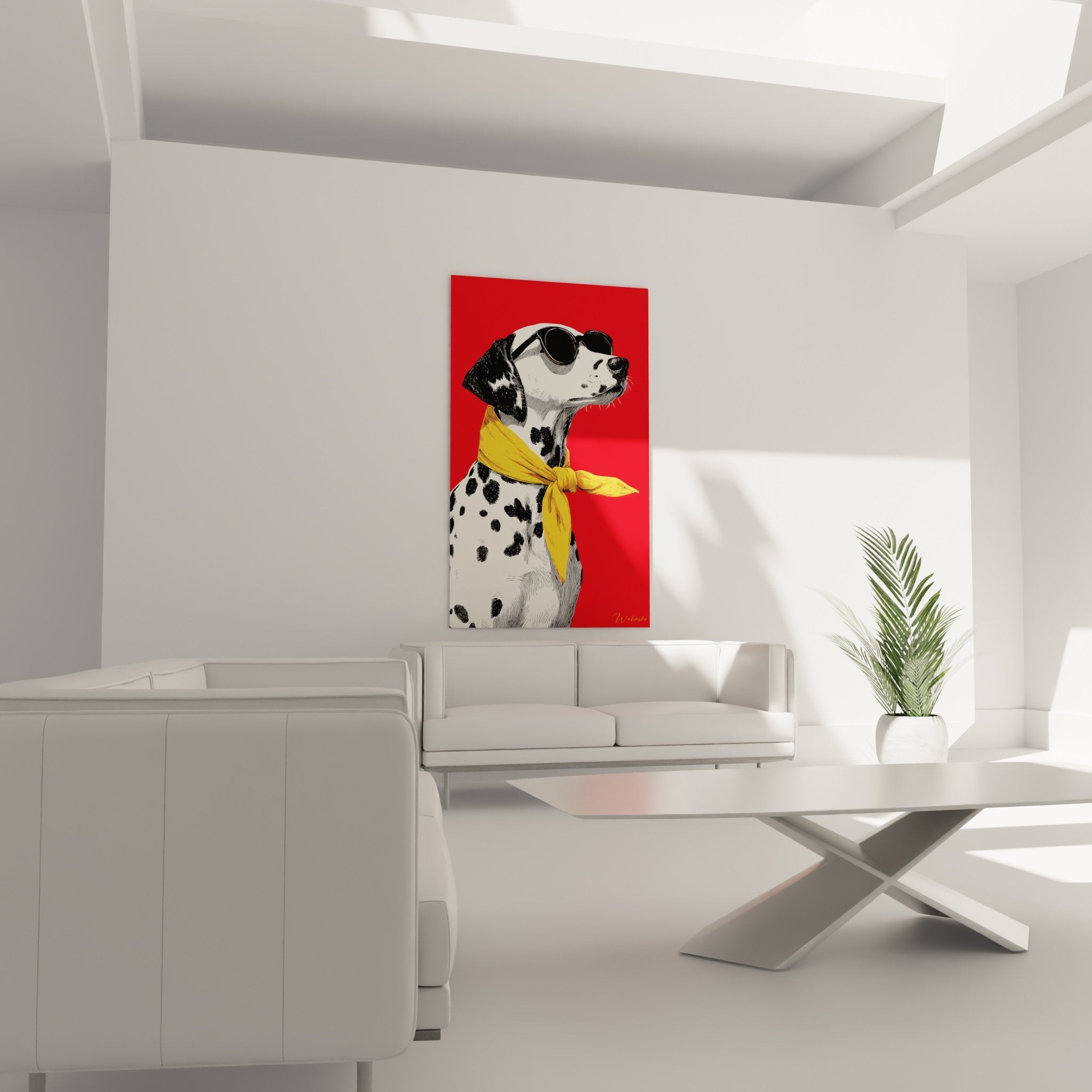 Detailporträt Dalmatiner mit Sonnenbrille und gelbem Bandana, zeitgenössische künstlerische Hundeillustration