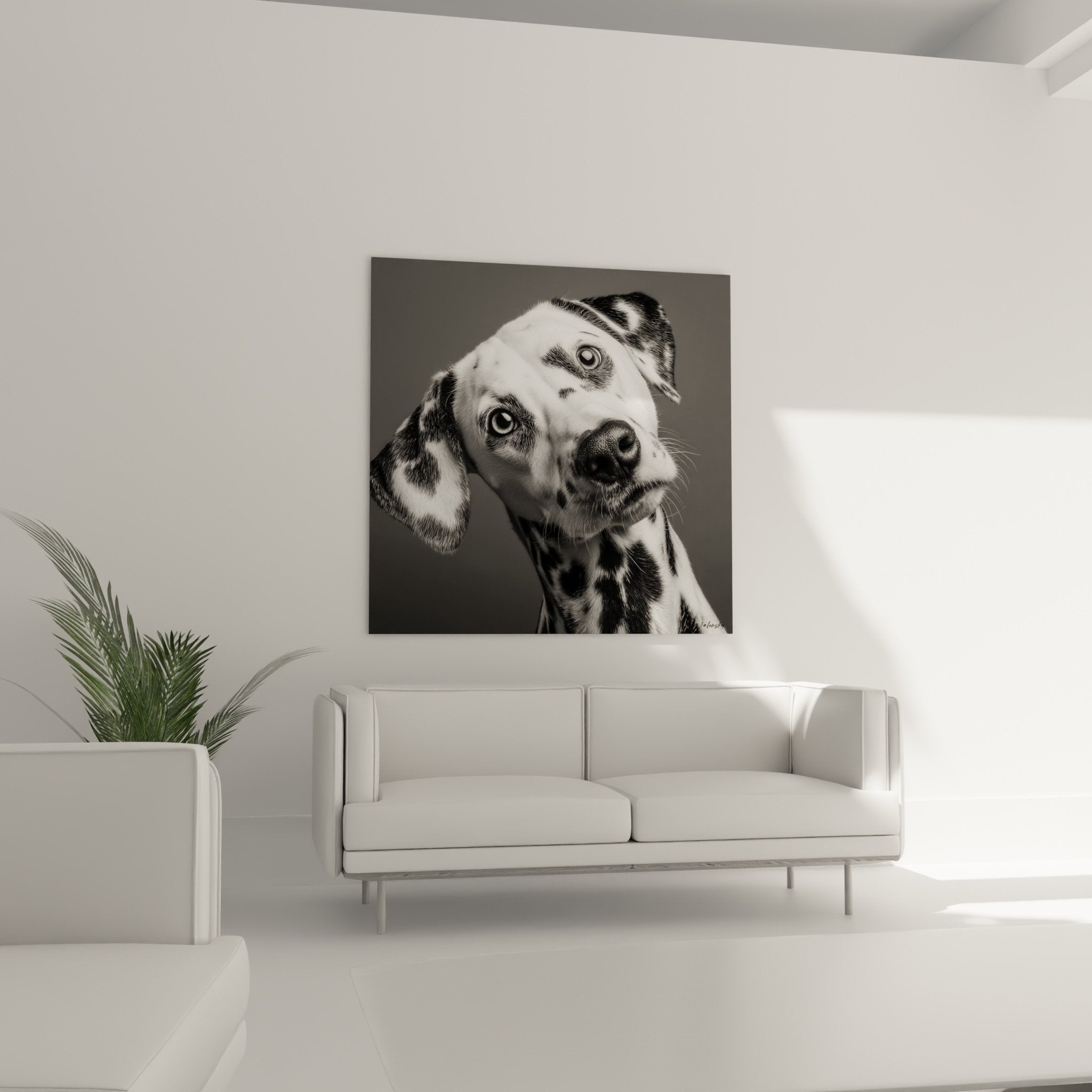 Détail portrait Dalmatien monochrome - Regard expressif et taches noires caractéristiques en gros plan artistique