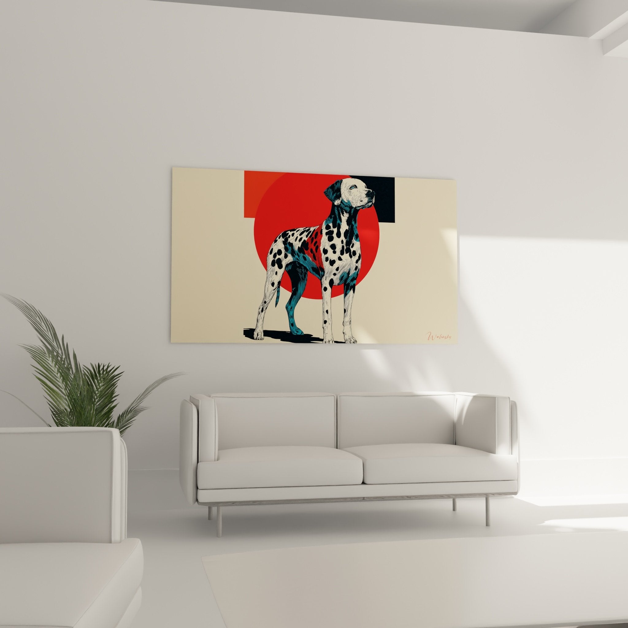 Détail tableau dalmatien taches noires pelage blanc fond rouge géométrique art moderne portrait chien