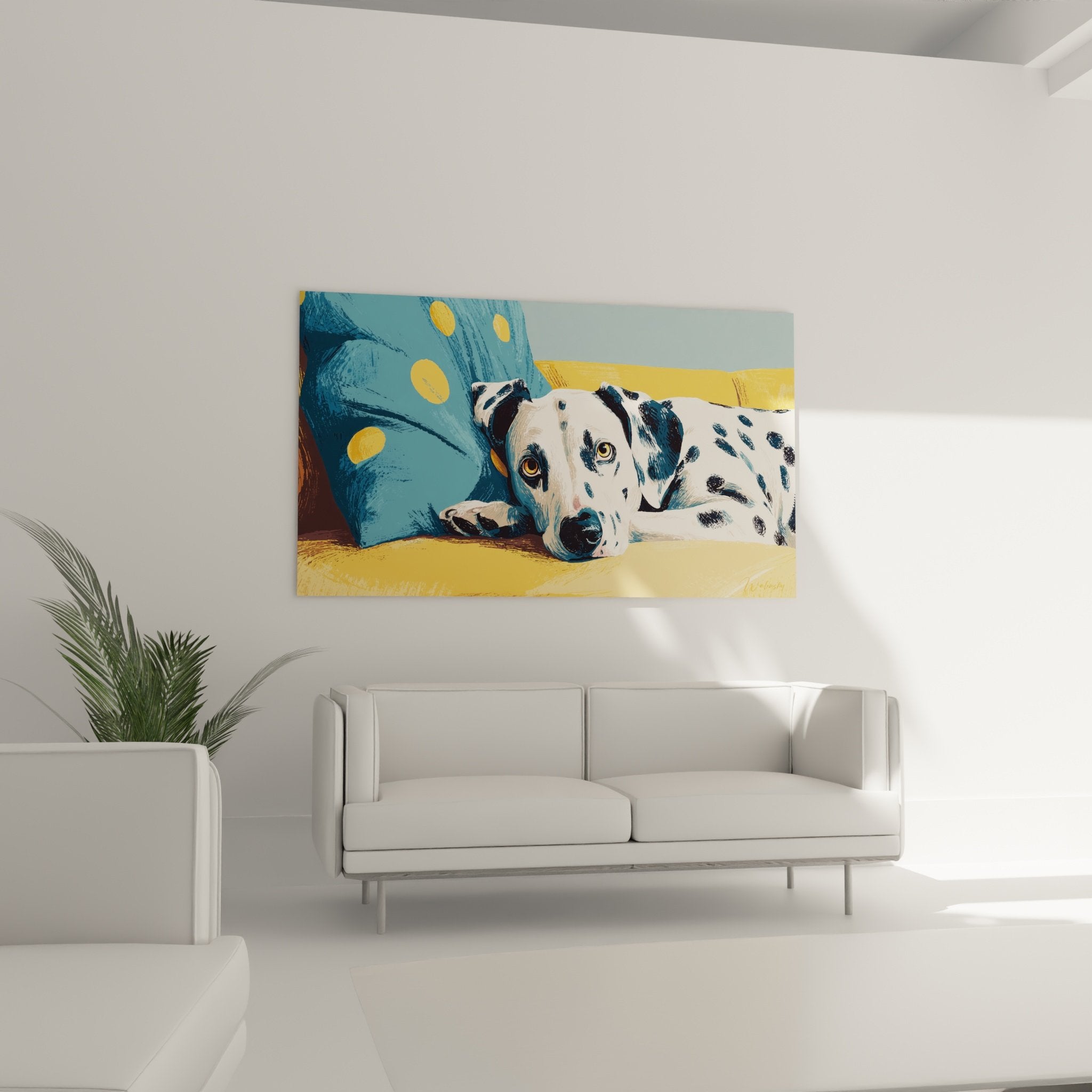 Détail tableau dalmatien, regard tendre aux yeux dorés, taches noires sur pelage blanc, style expressif