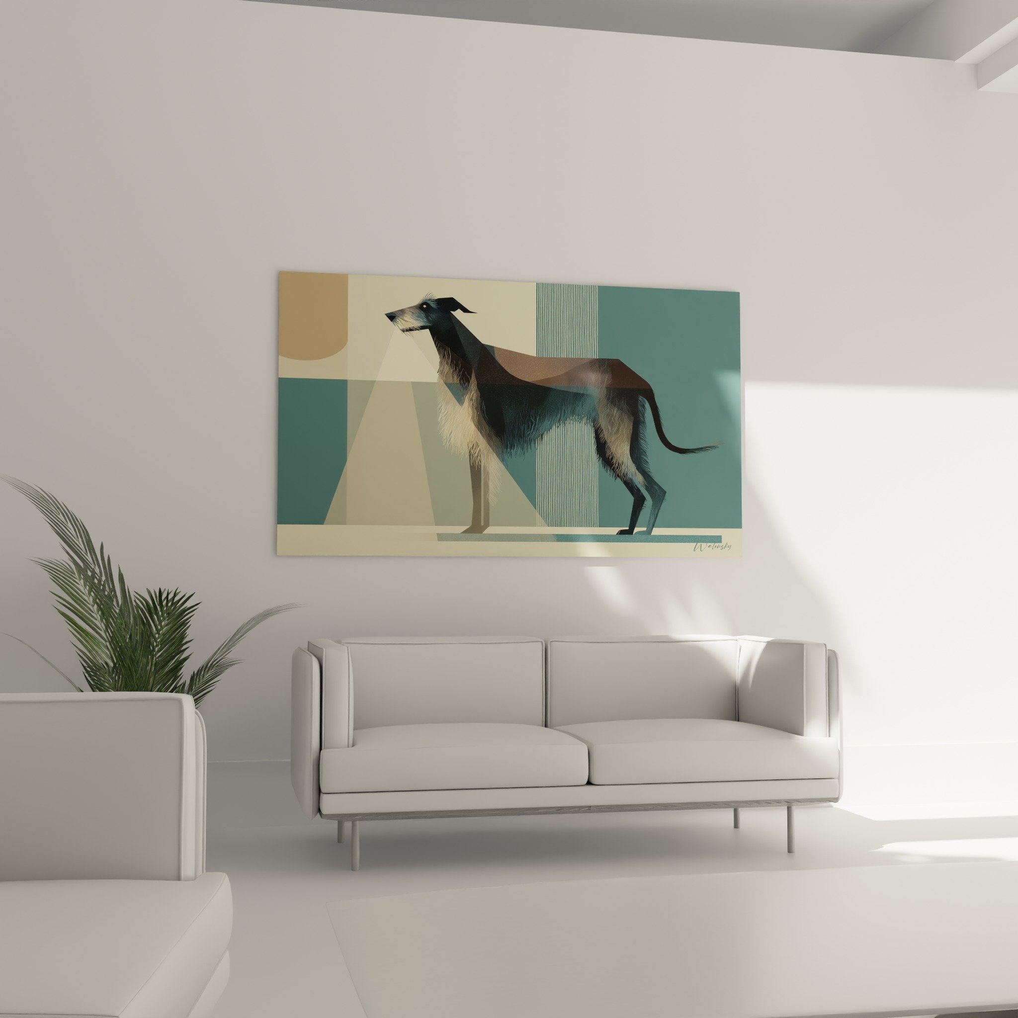 Detailaufnahme abstraktes Deerhound-Gemälde in Blau- und Beigetönen mit geometrischen Texturen und vertikalen Linien moderne Kunst