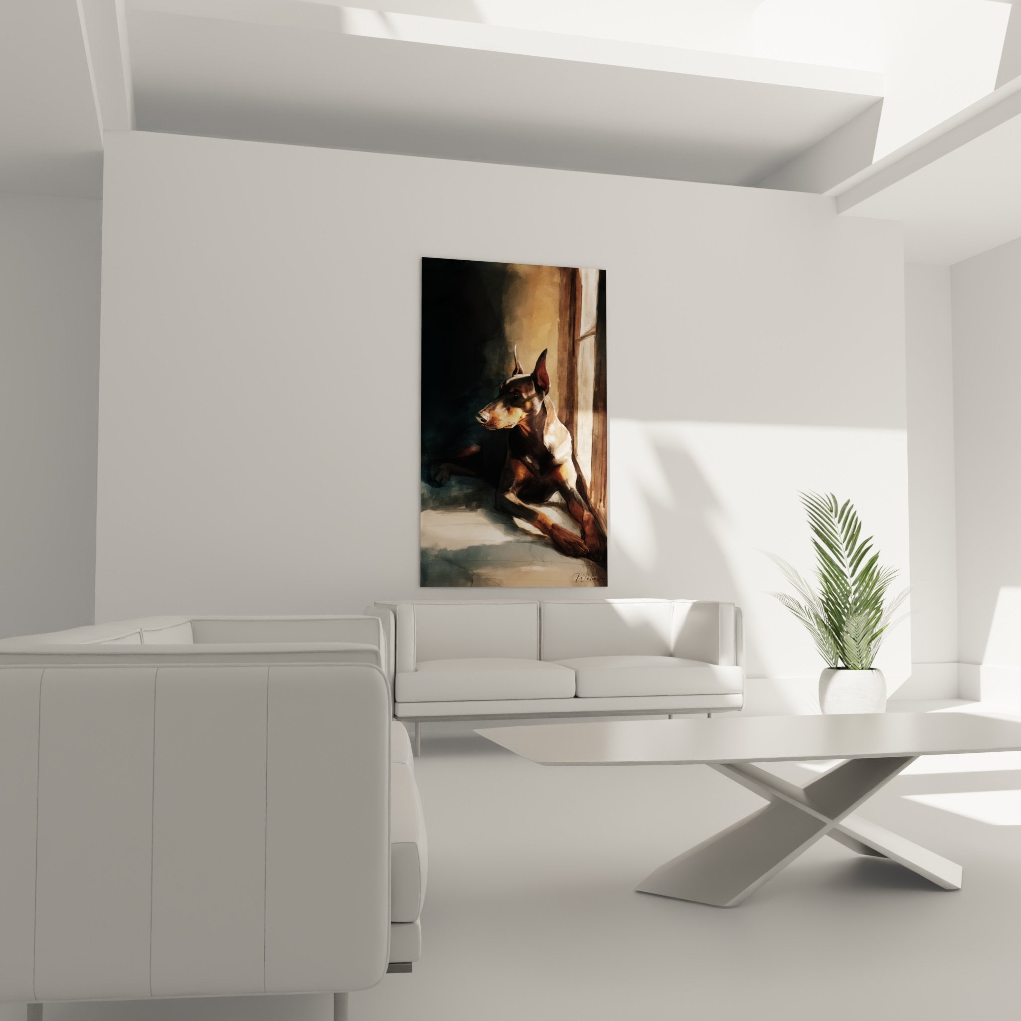 Gros plan peinture doberman pelage noir feu reflets cuivre detail artistique