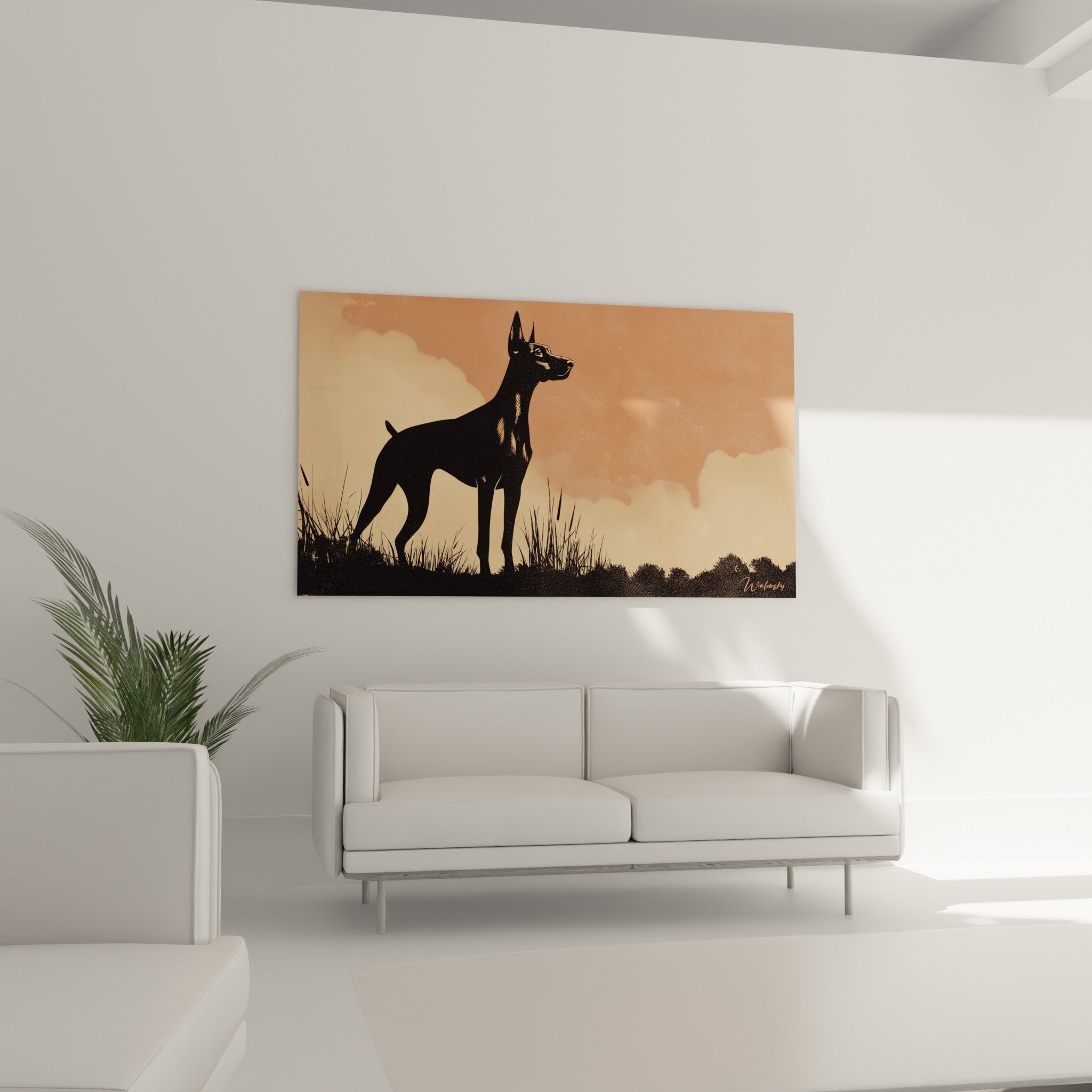 Detail tableau Doberman silhouette noire profil dresse oreilles pointues art canin minimaliste elegant