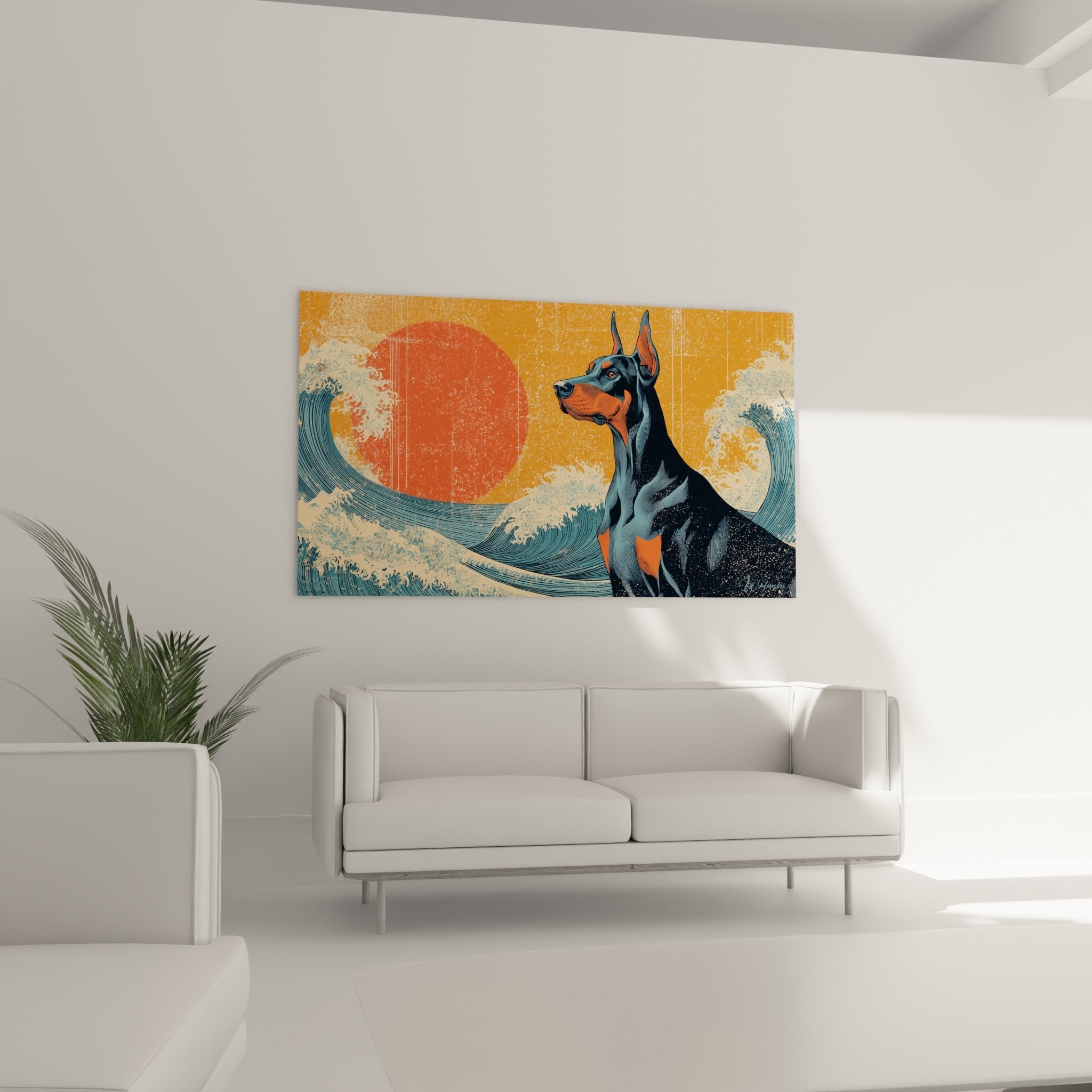 Detail portrait doberman noir regard intense vagues japonaises orange bleu style artistique