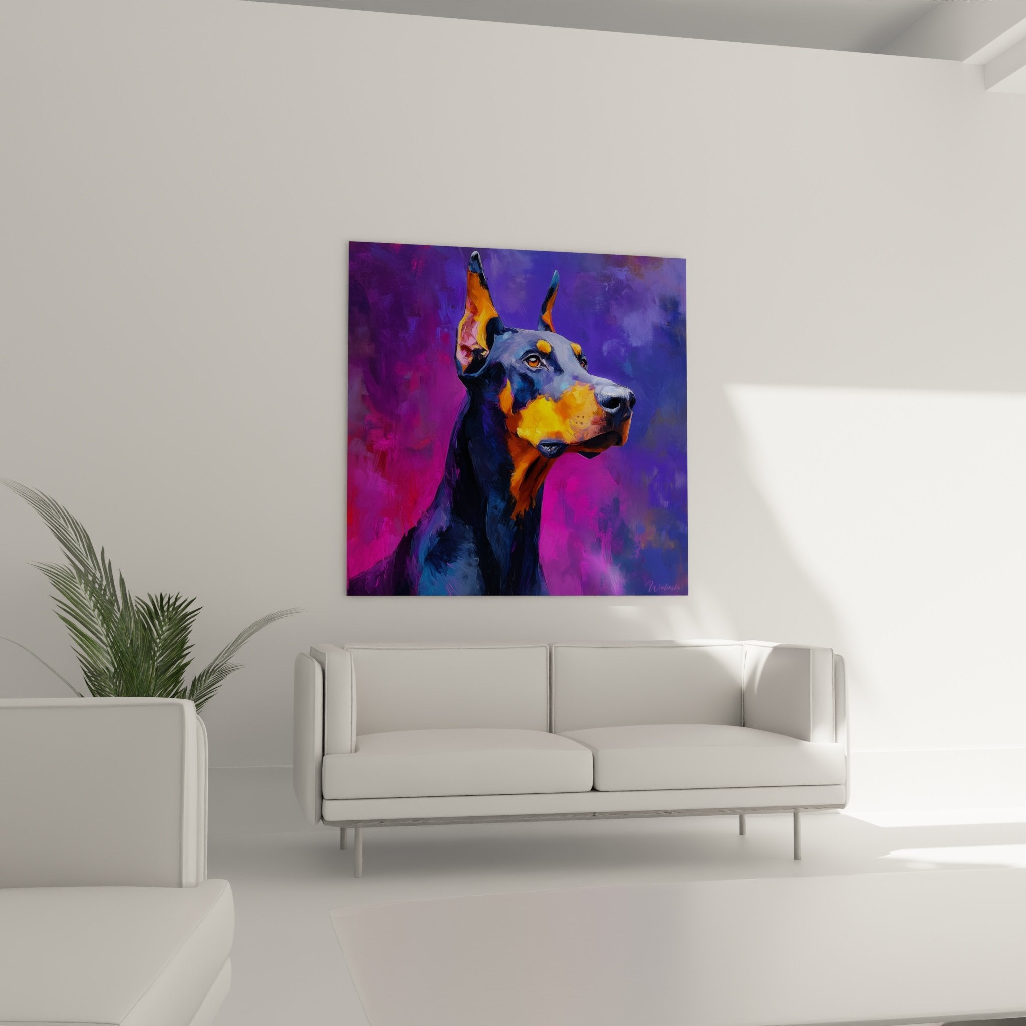 Dettaglio ritratto doberman occhi ambra arancione mantello viola texture pittorica arte contemporanea espressiva