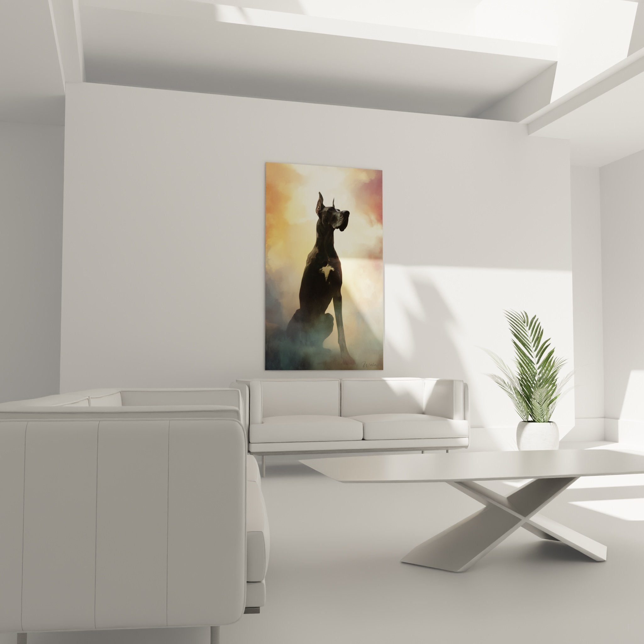 Detail Gemälde Deutsche Dogge schwarz Kontrast Bernsteinfarbene Wolken leuchtende Dampftexturen künstlerisch