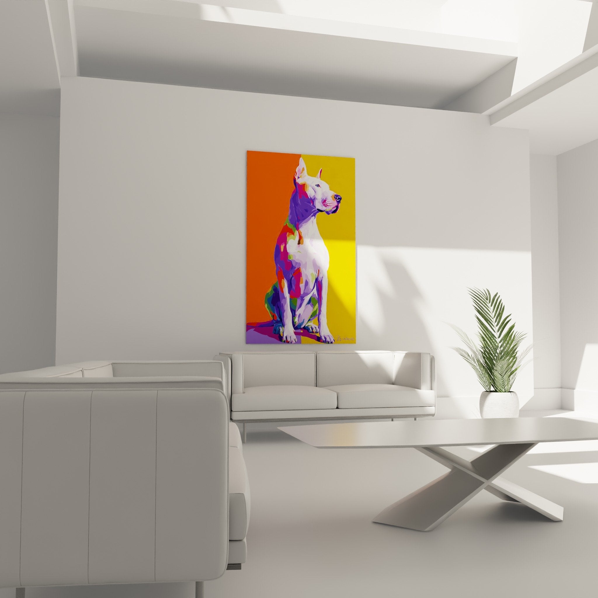 Detail portrait artistique Dogue Argentin technique facettes colorees violettes roses blanches