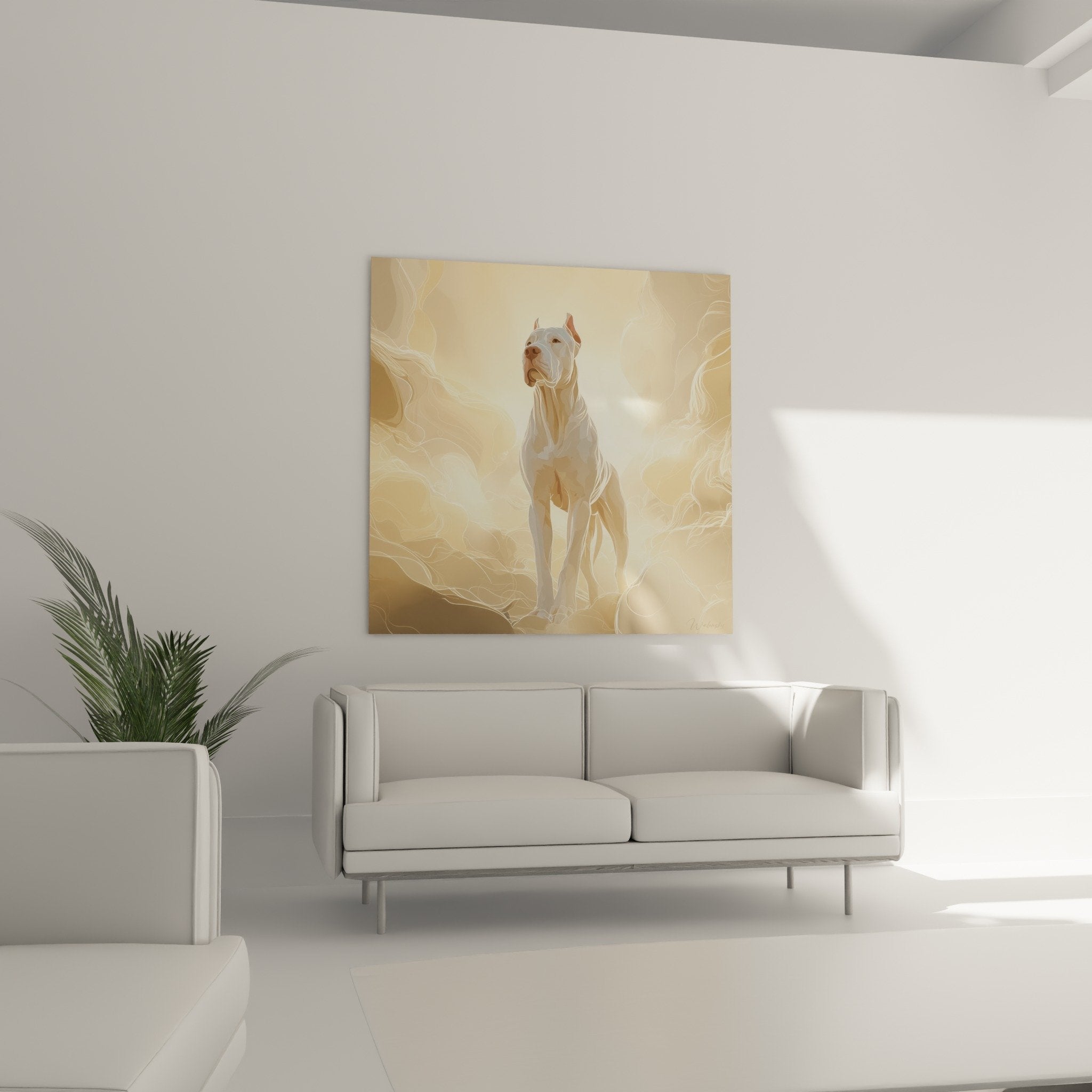 Détail rapproché Dogue Argentin pelage blanc contours flous effets lumière dorée artistique