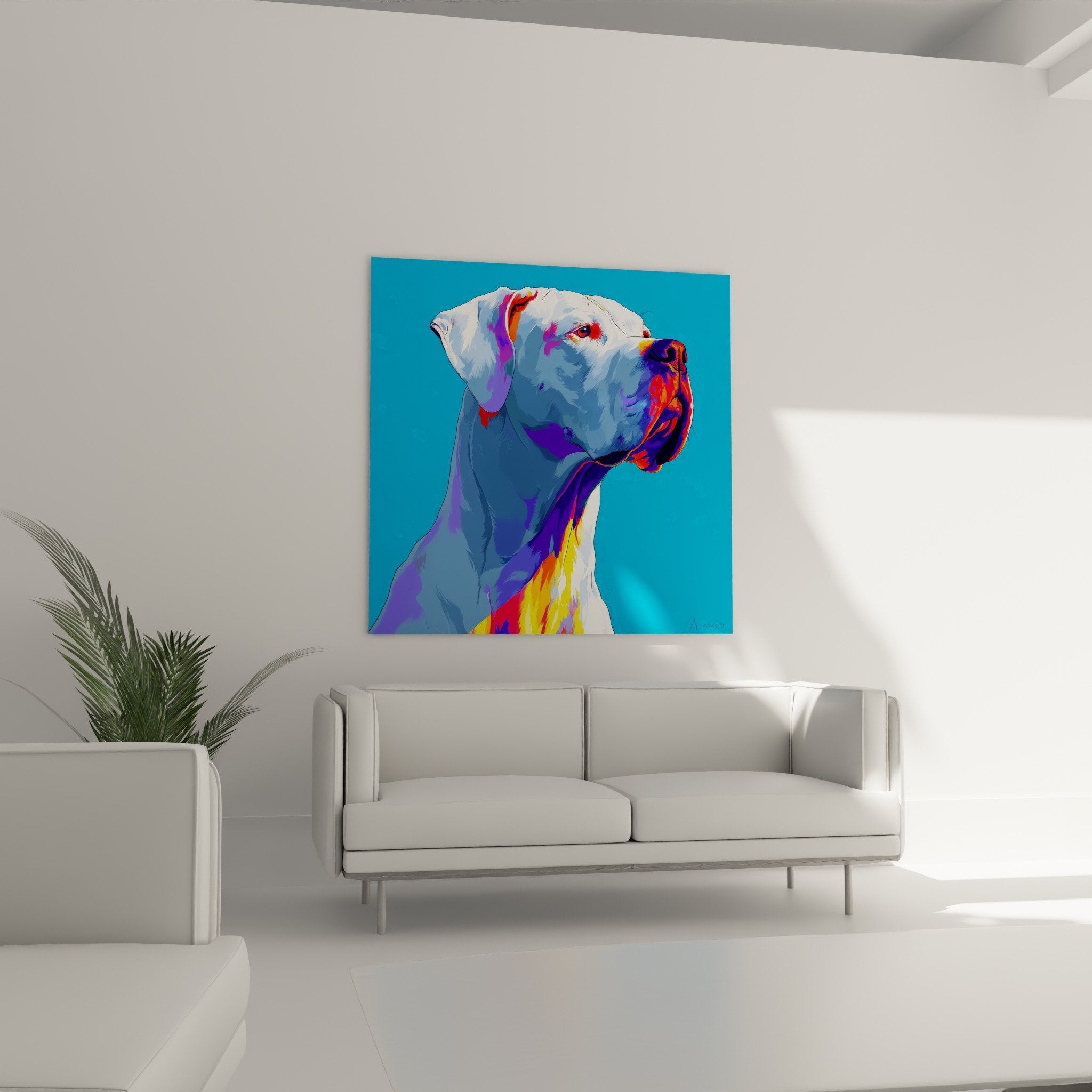 Détail portrait Dogue Argentin couleurs éclatantes violet rouge orange technique artistique moderne pelage stylisé