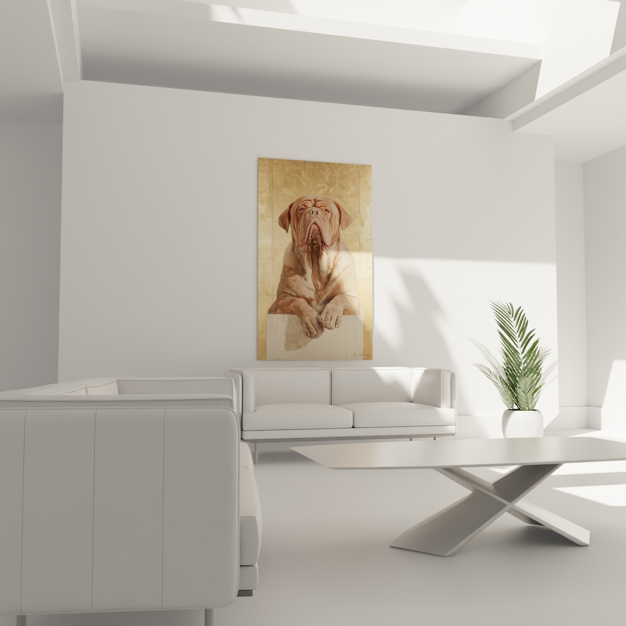 Detailporträt einer Bordeaux-Dogge mit nachdenklichem Ausdruck und Karamell-Beige-Farbpalette