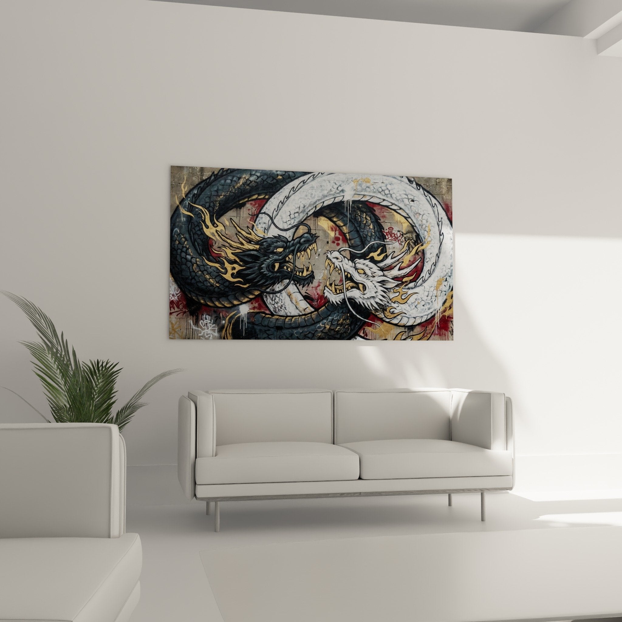 Detail mythischer Drachen mit detaillierten Schuppen goldene Flammen urbane Kunst realistische Wandmalerei