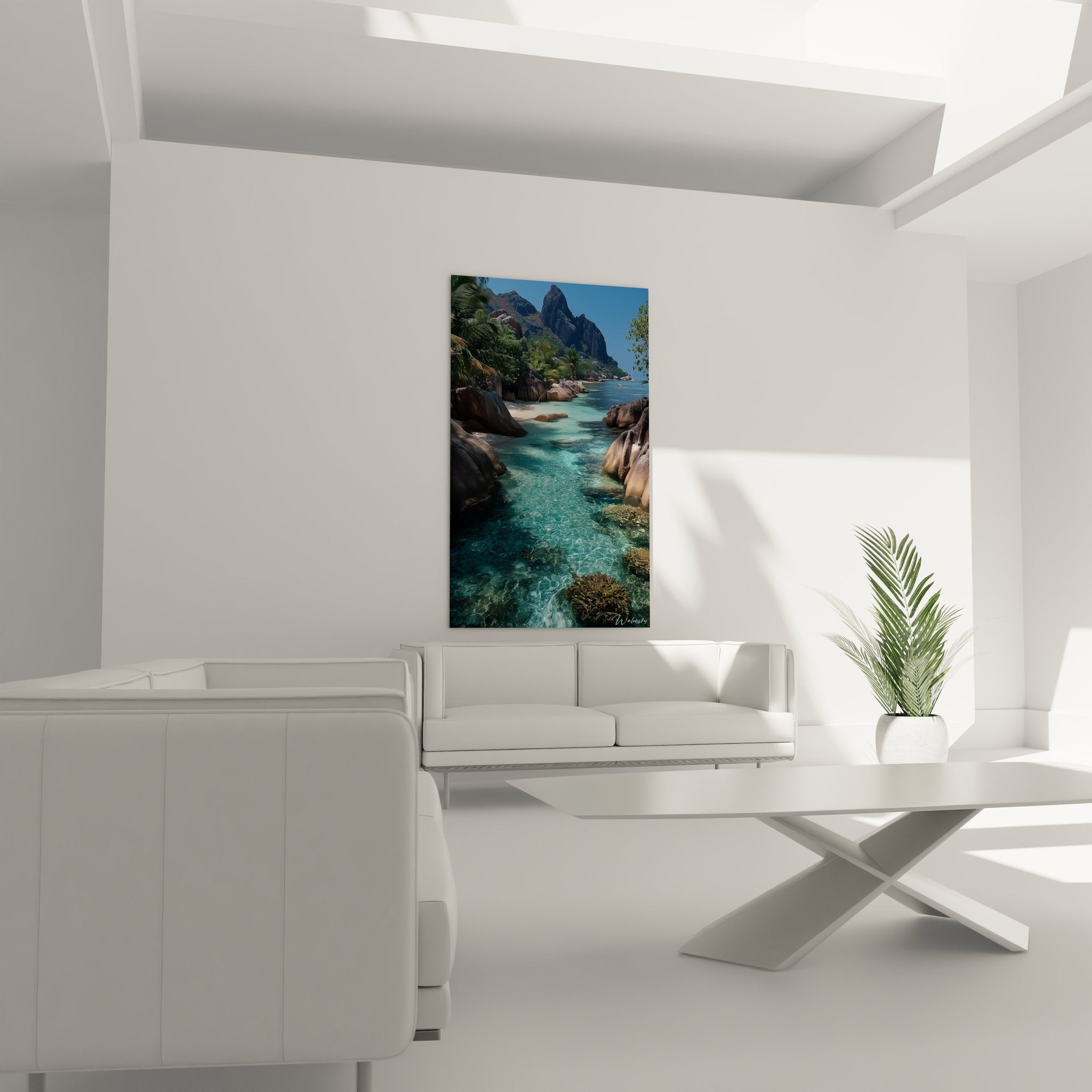 Détail tableau eaux turquoise transparentes lagune Seychelles coraux rochers granite tropicaux