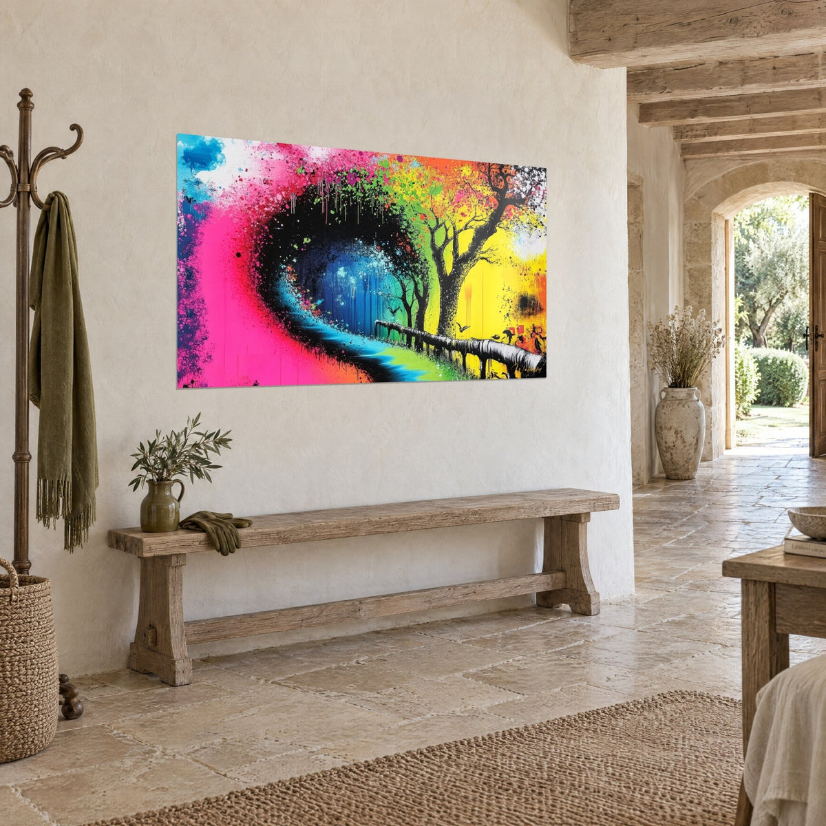 Wall art graffiti-style painted spiral, black tunnel outlined in magenta and orange, seen three-quarters on a stone wall