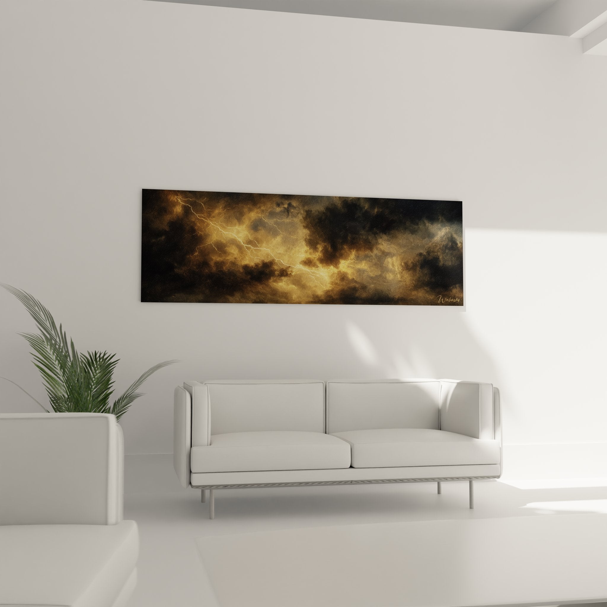 Détail rapproché éclairs dorés et nuages tempête - peinture ciel atmosphérique haute qualité