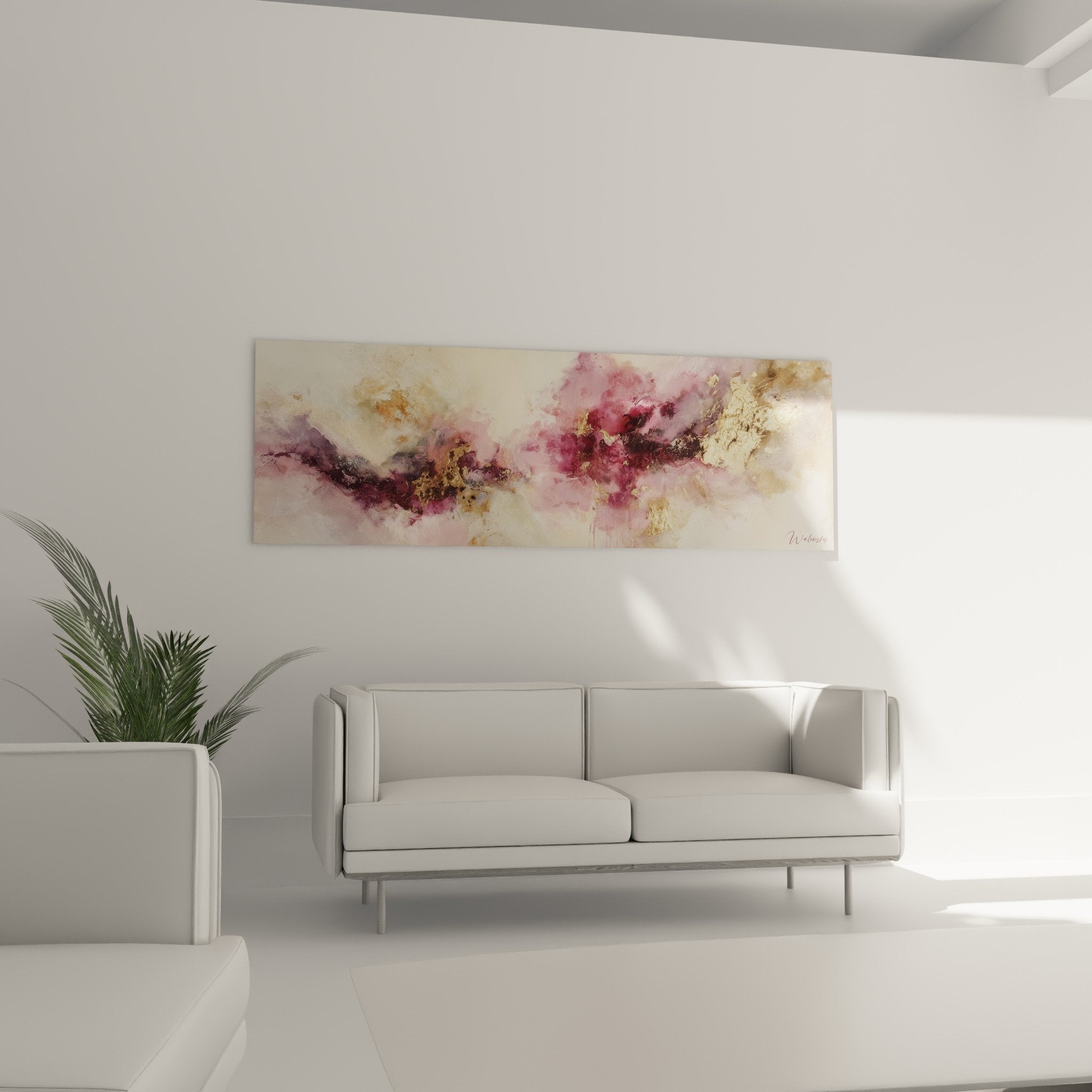 Détail éclats dorés et dégradés roses sur toile abstraite feng shui élément terre sud-ouest