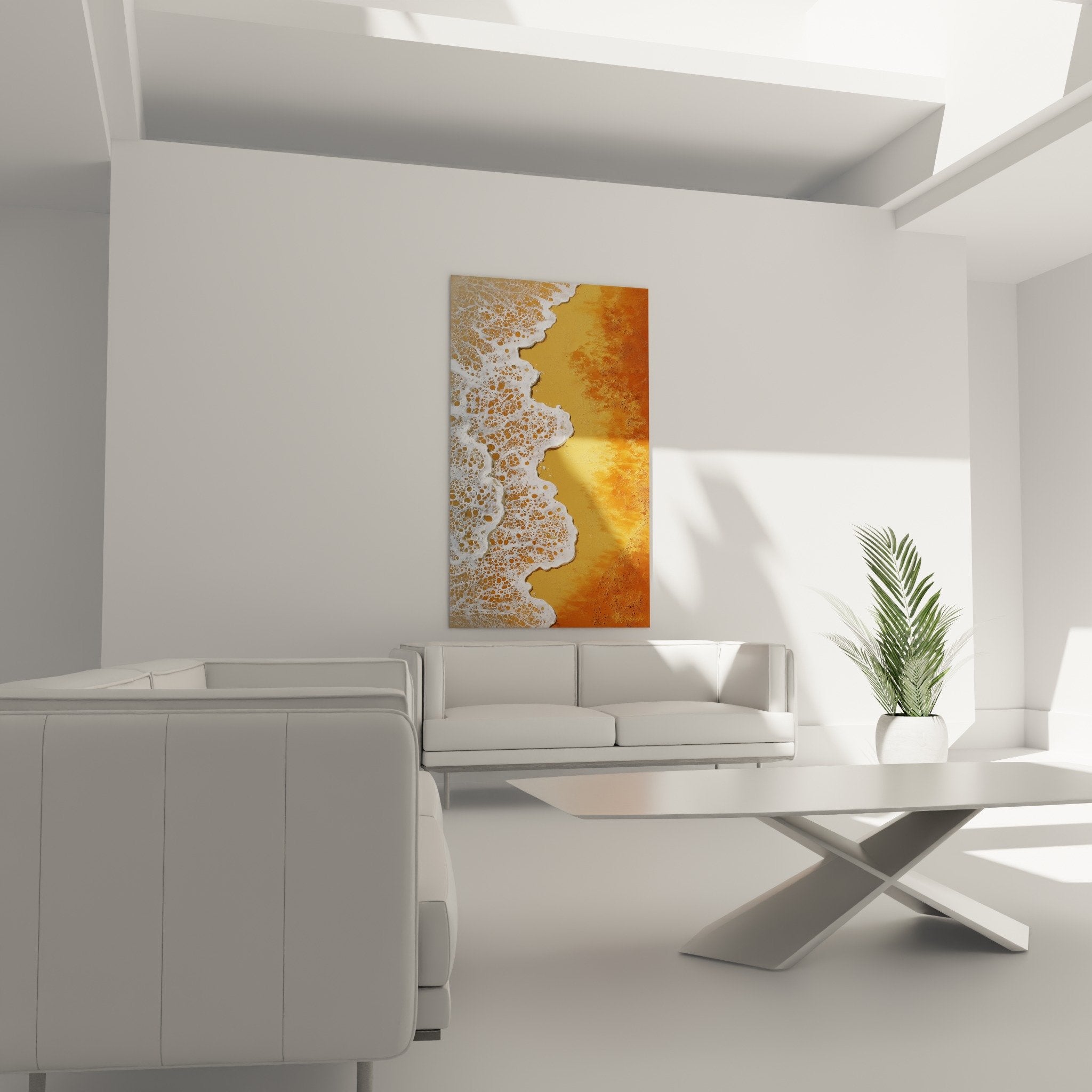Détail écume blanche bulles mousse marine peinture réaliste tons dorés orangés feng shui