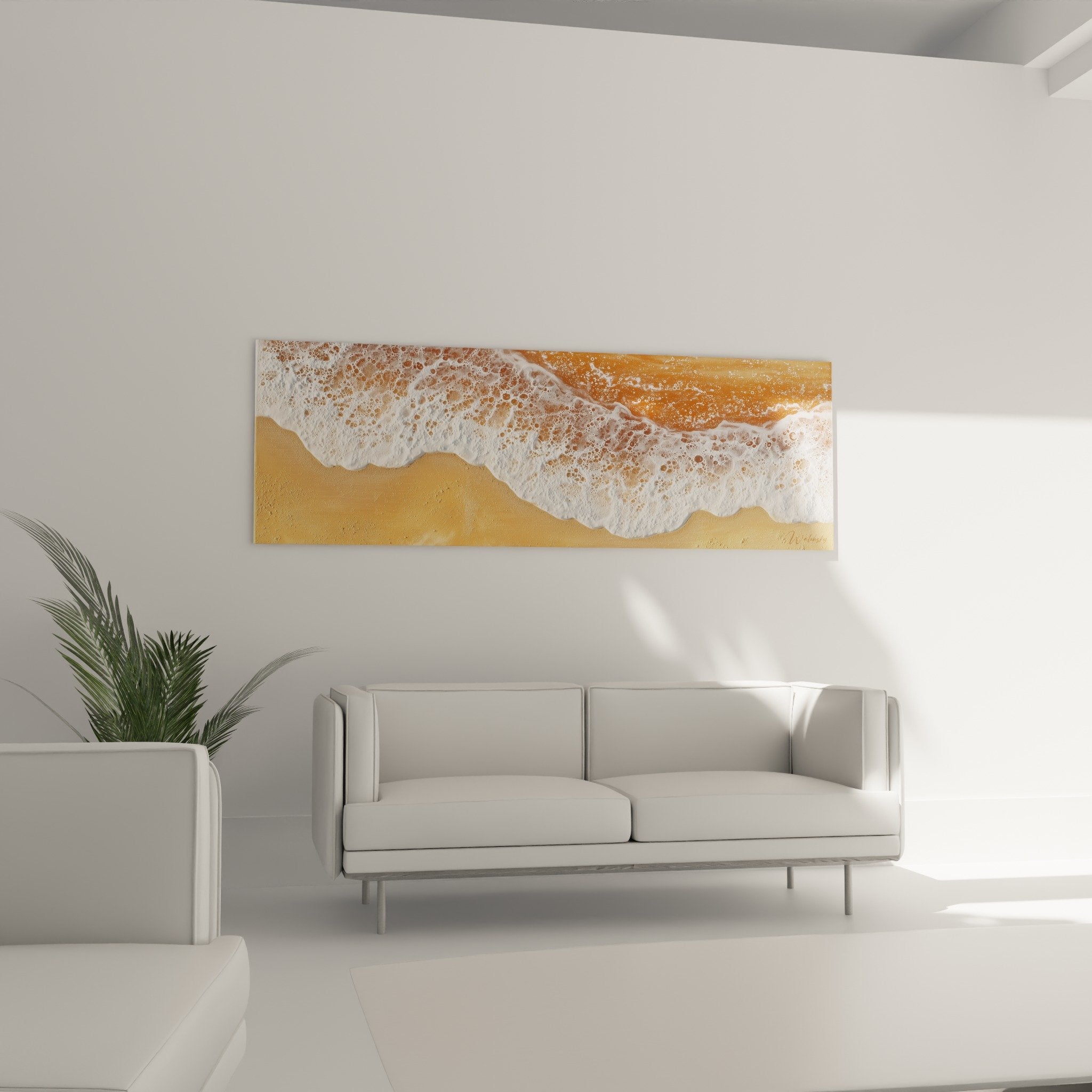 Détail écume blanche vagues dorées texture sable mouillé tons ocre beige