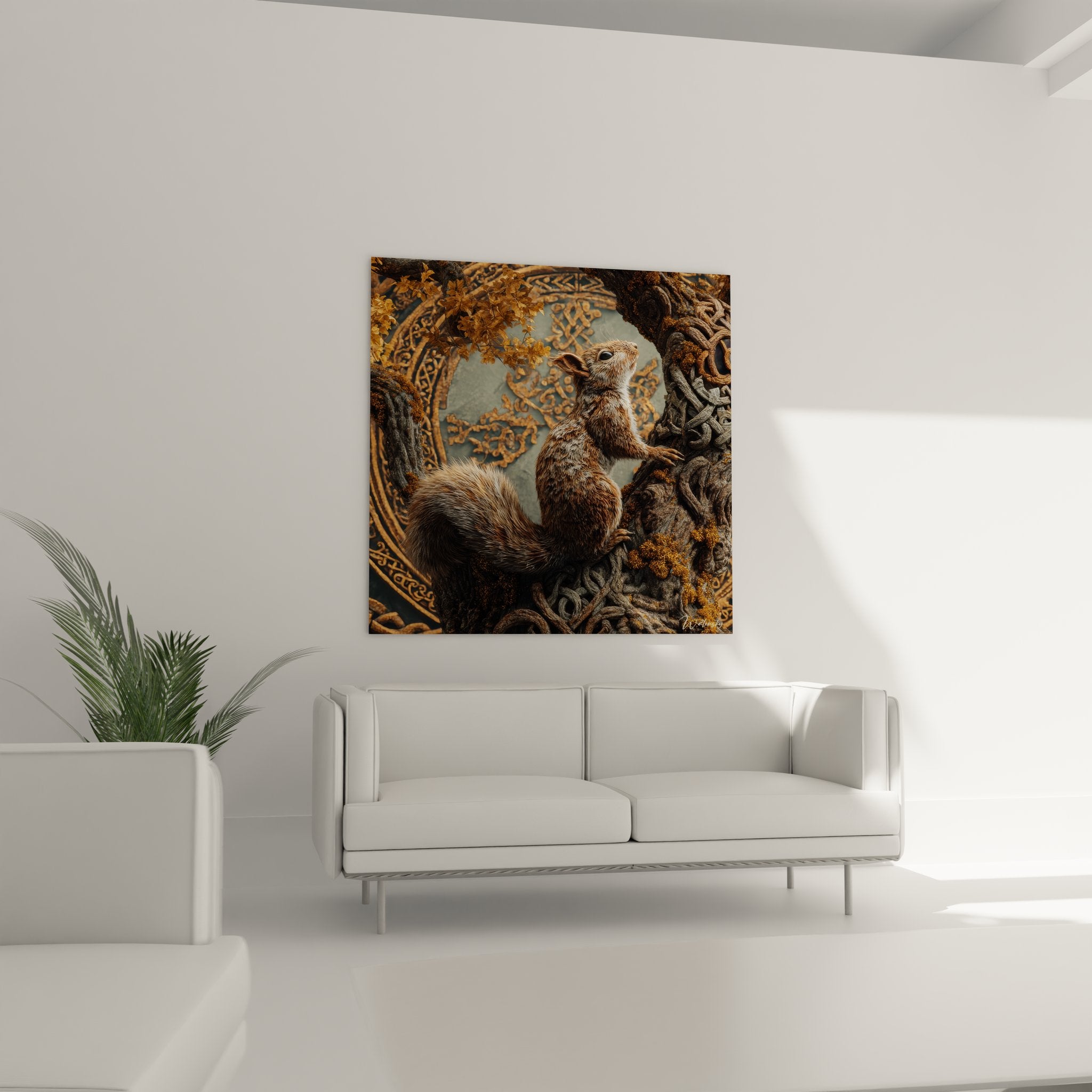 Détail gros plan écureuil réaliste motifs celtiques dorés fourrure texturée art décoratif