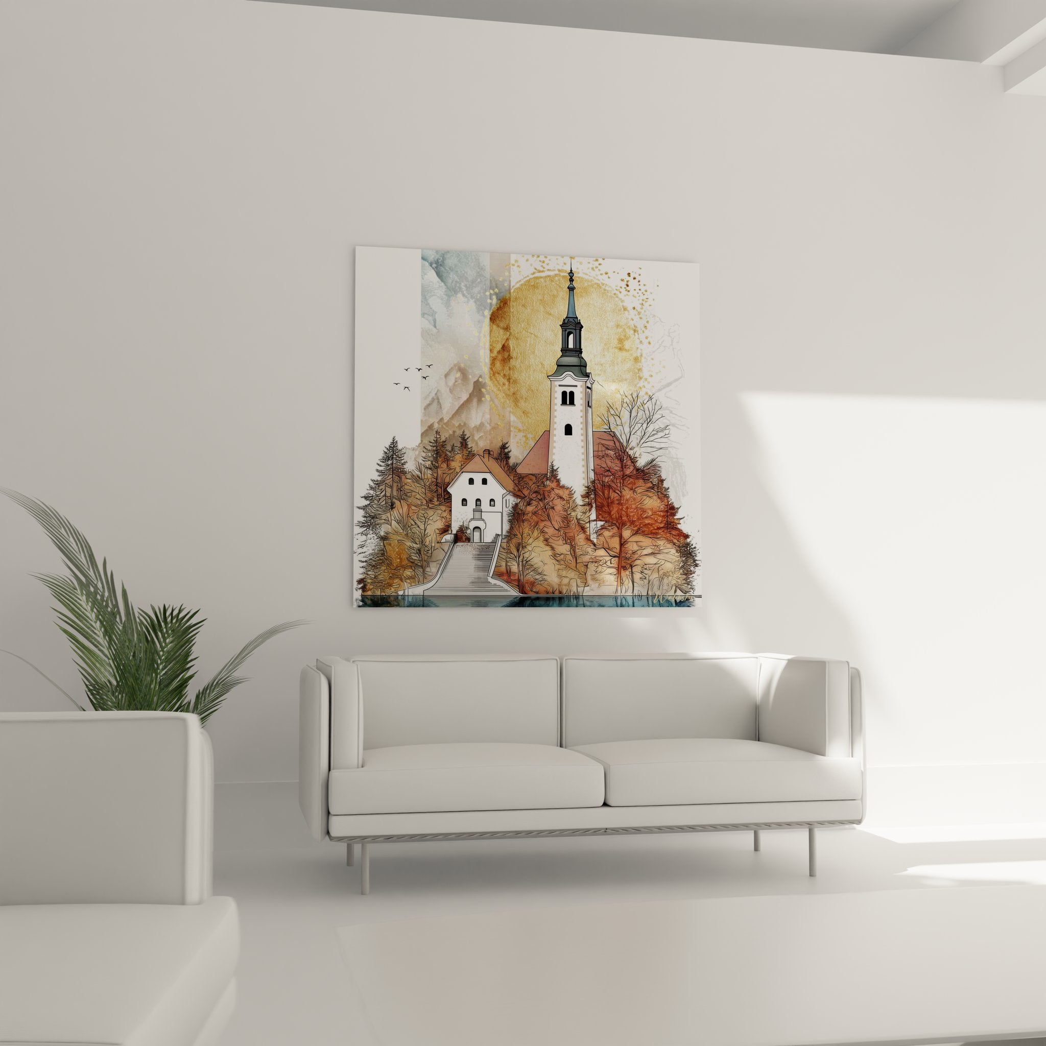 Détail église alpine clocher baroque peinture lac montagne feuillage automnal