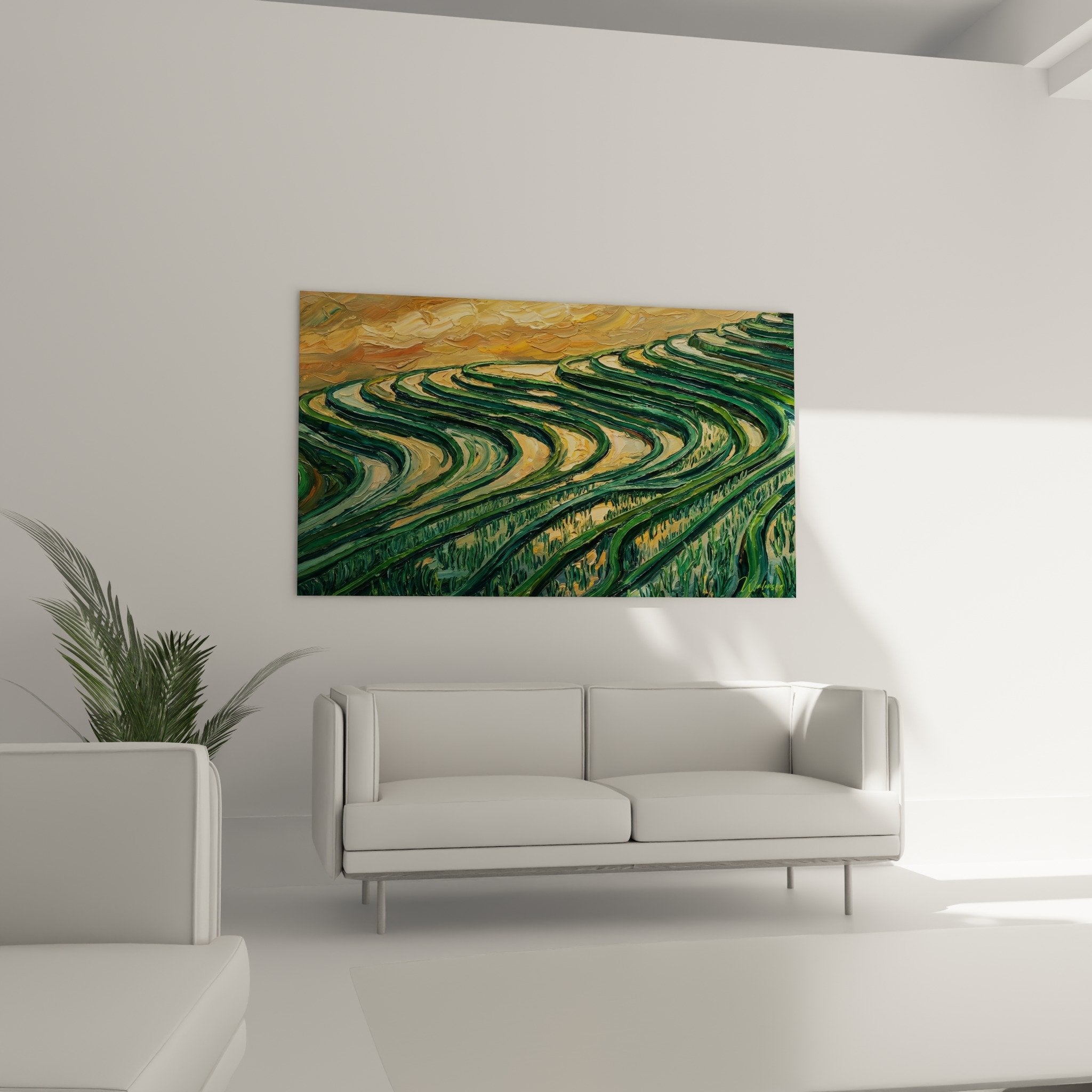 Close-up detail of green and gold impasto brushwork in the terraced rice fields Bali-style painting