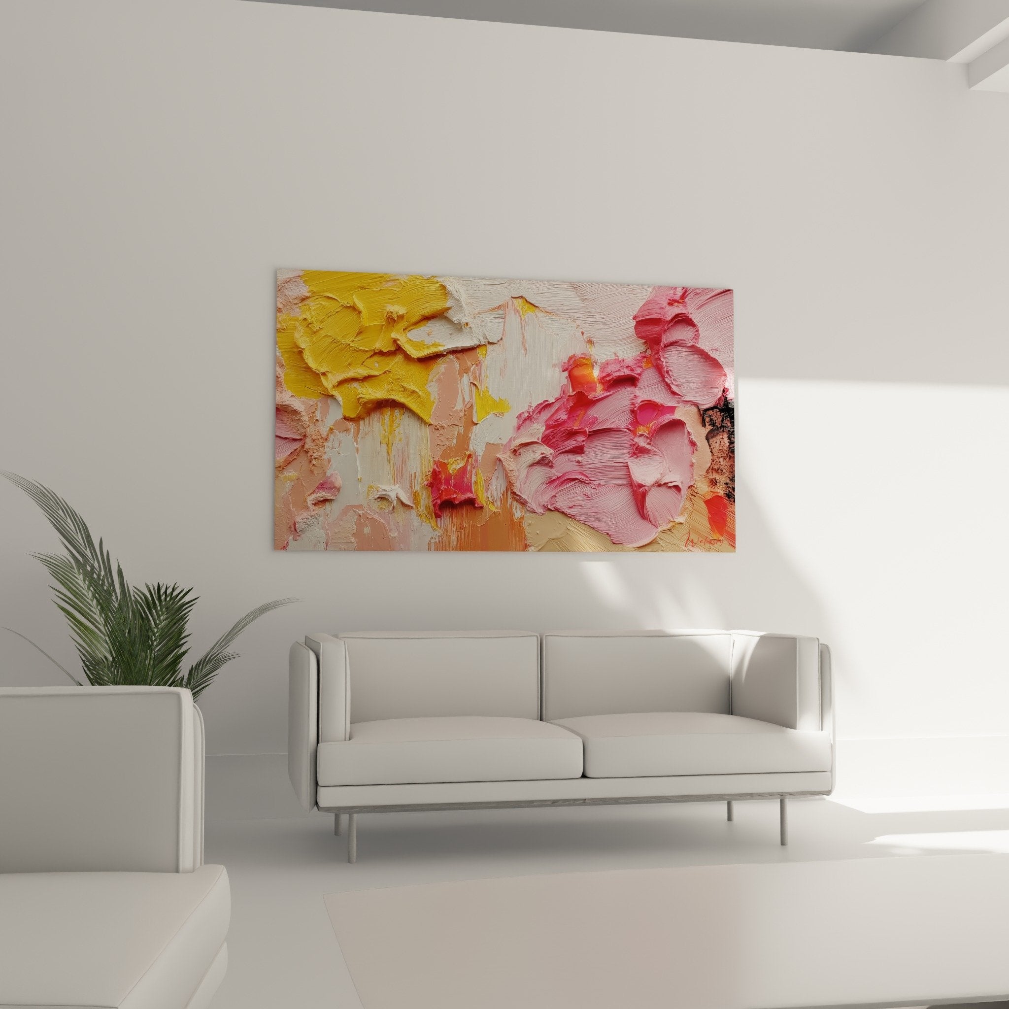 Détail empâtements peinture jaune rose texture épaisse relief artistique abstrait