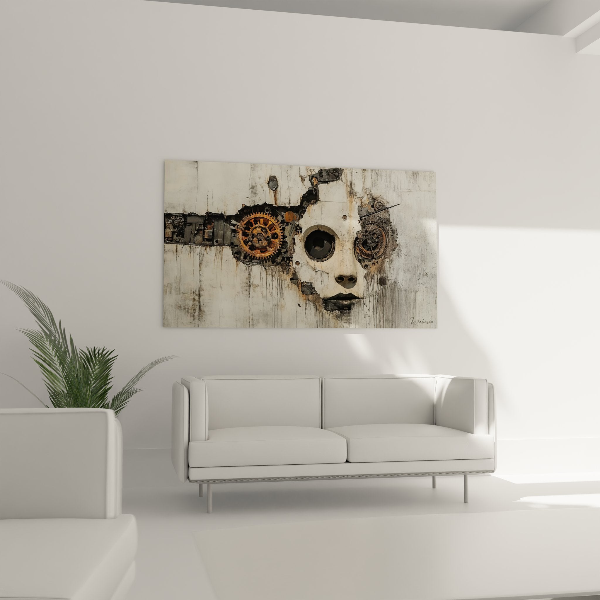 Gros plan détaillé des engrenages cuivrés et mécanismes du tableau art industriel cybernétique