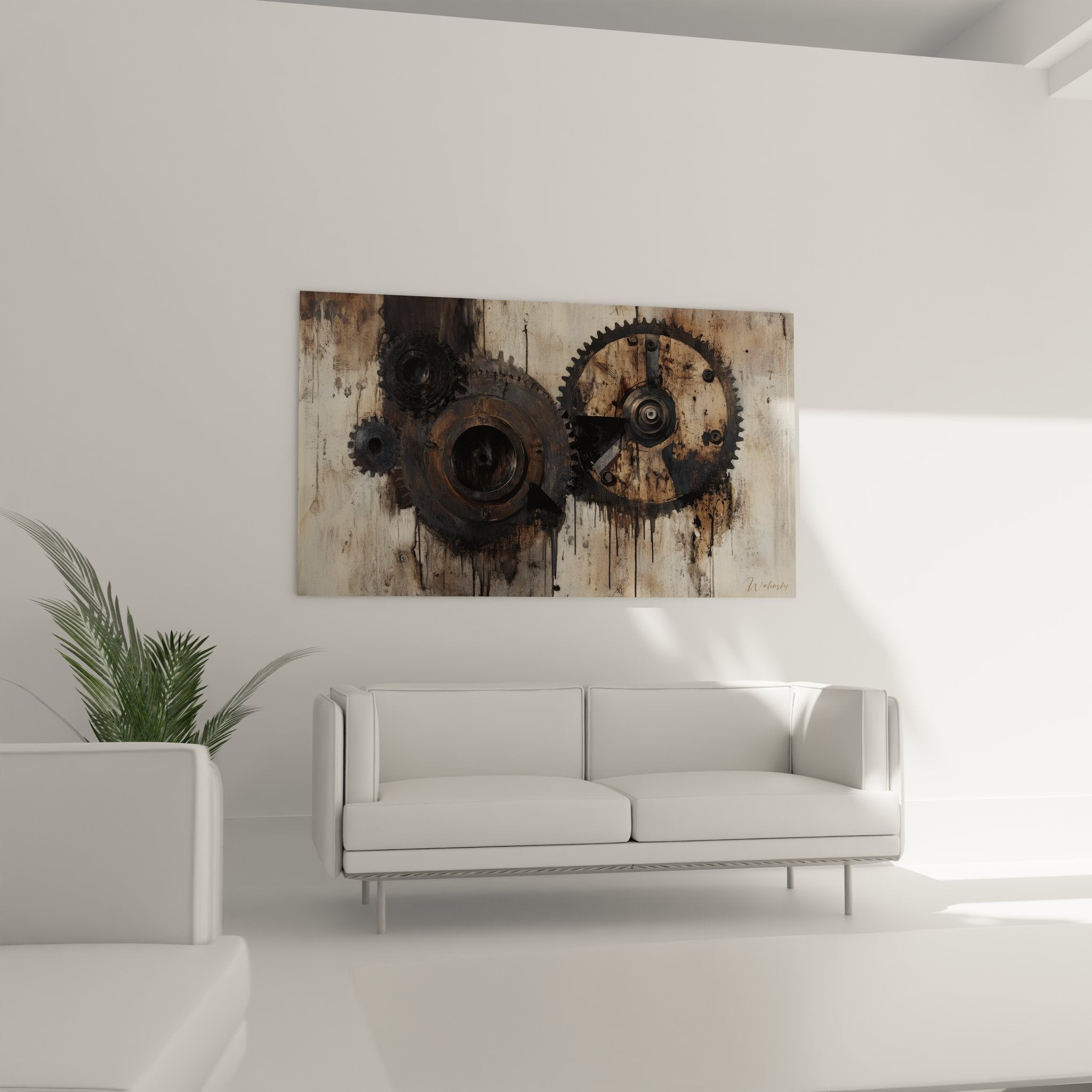 Gros plan détail engrenages mécaniques anciens, rouages métalliques patinés art industriel mural