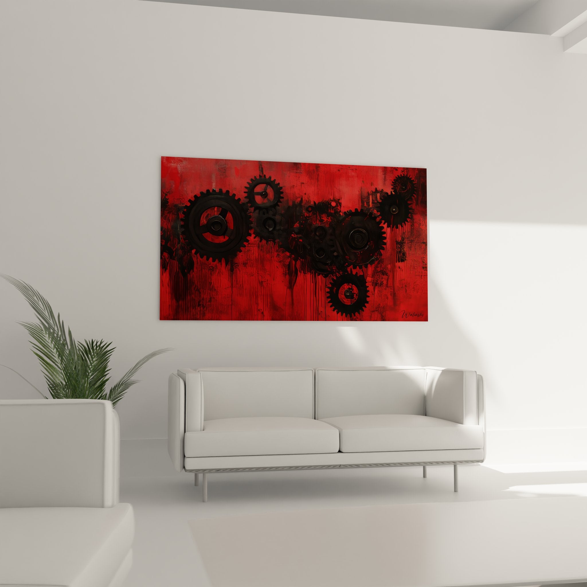 Gros plan détail engrenages mécaniques rouges texture peinture industrielle art mural