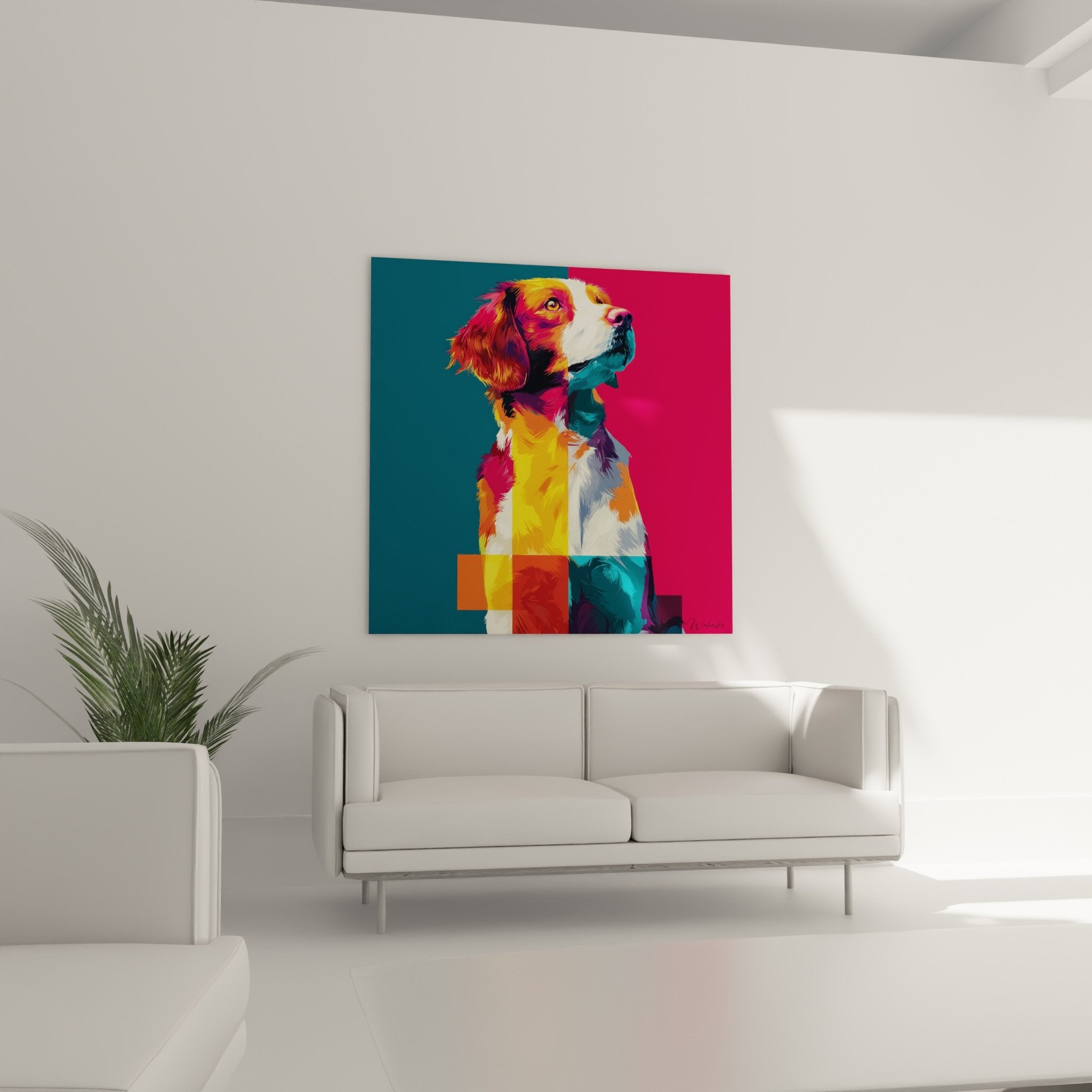 Detailaufnahme Gemälde Bretonischer Spaniel leuchtende Farben moderne geometrische Technik
