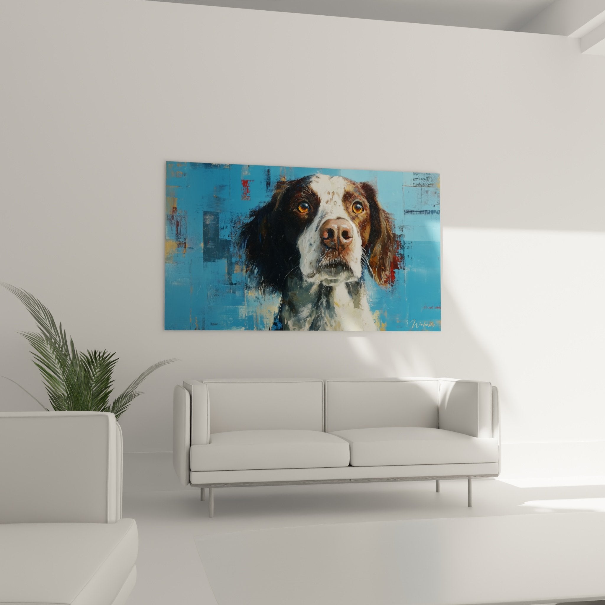 Detailporträt Bretonischer Spaniel tricolores braun-weiß-schwarzes Fell realistische moderne Maltechnik