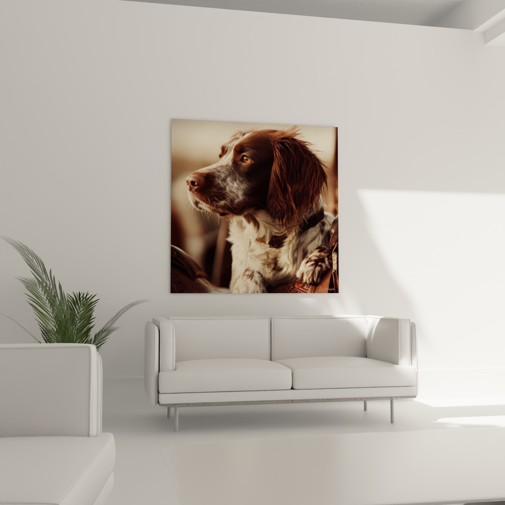 Dettaglio ritratto spaniel bretone occhi ambrati mantello setoso texture naturale luce dolce caramello