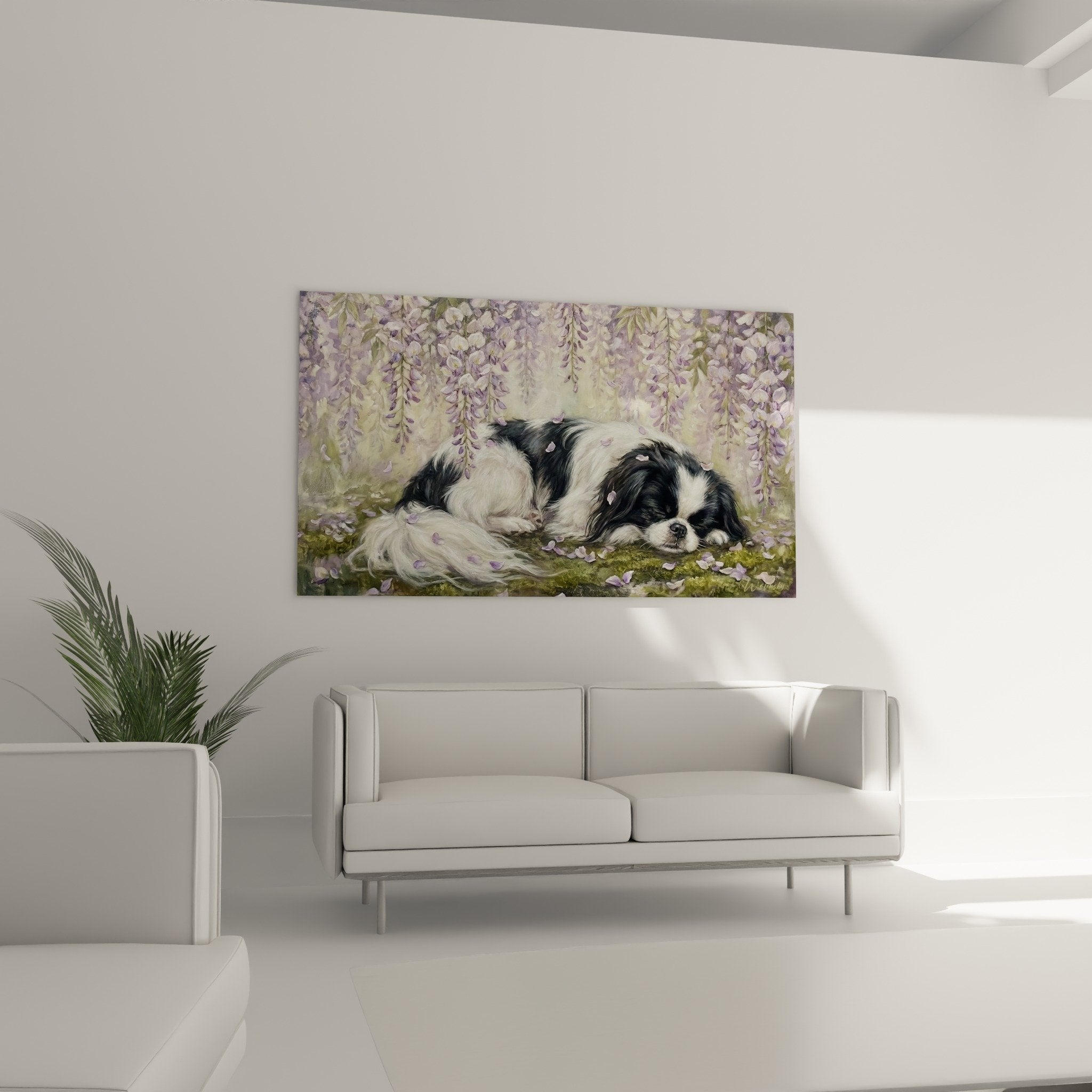 Detail painting Japanese spaniel white black coat purple wisteria flowers watercolor style pastel tones
