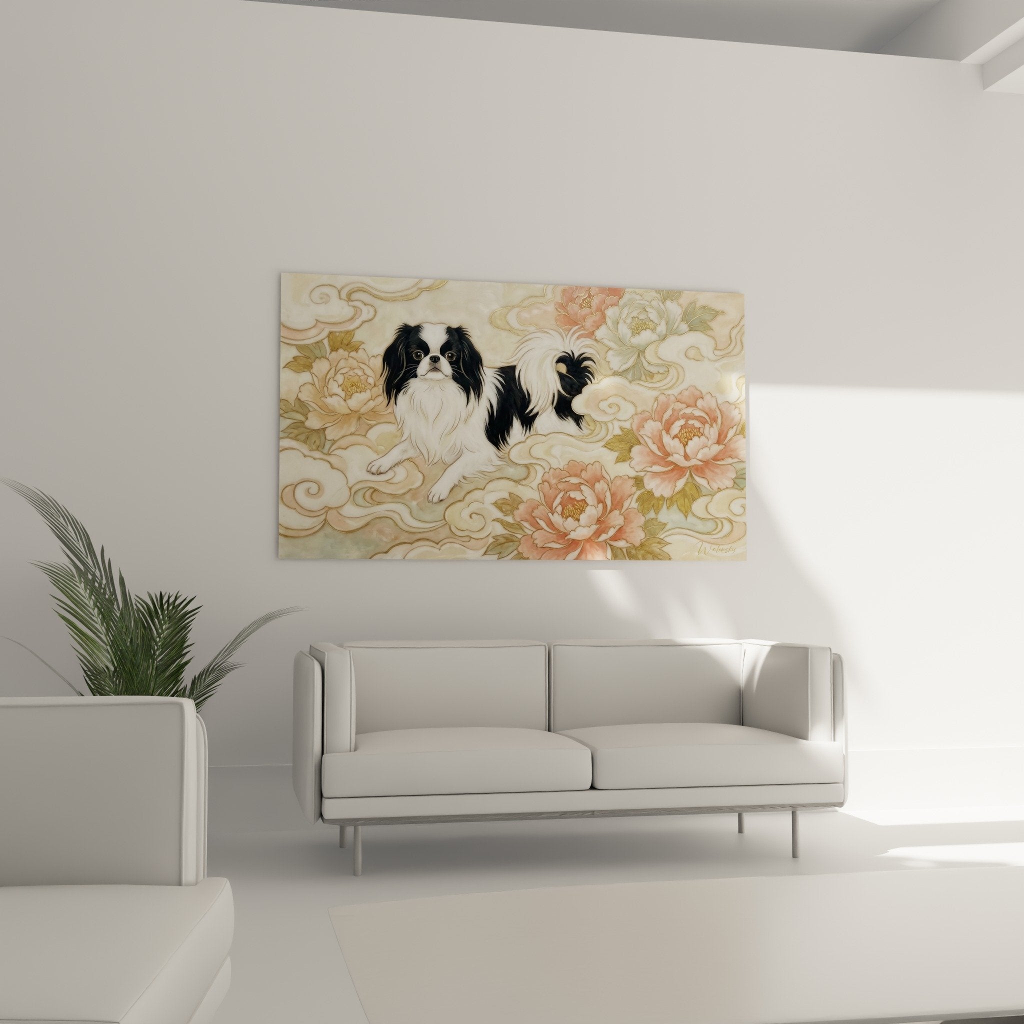 Détail Epagneul Japonais pelage noir blanc yeux expressifs sur fond nuages dorés et pivoines roses poudrées