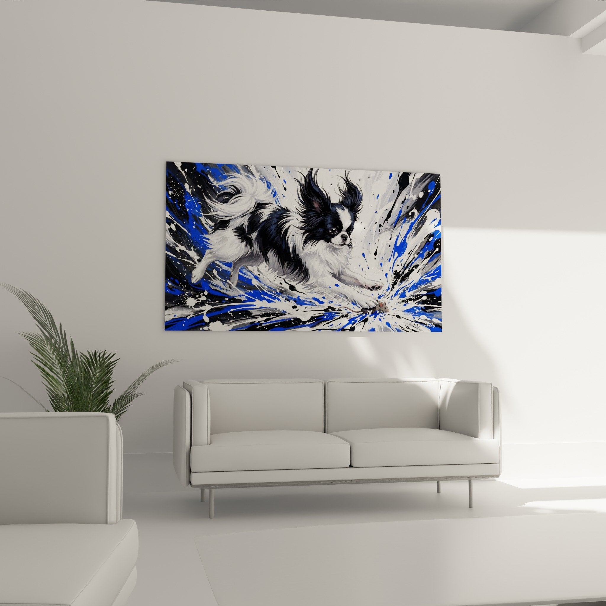 Gros plan tableau epagneul japonais pelage soyeux projections bleues art canin moderne