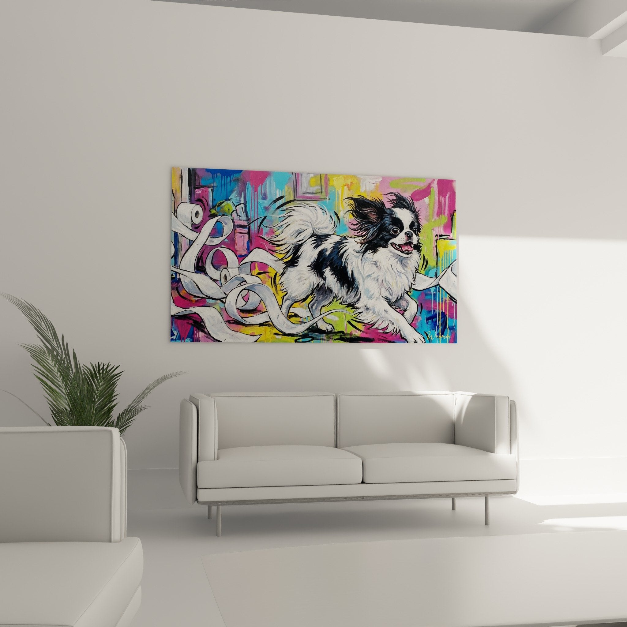 Dettaglio spaniel giapponese bianco nero occhi brillanti lingua rosa nastri bianchi pittura colorata arte murale moderna